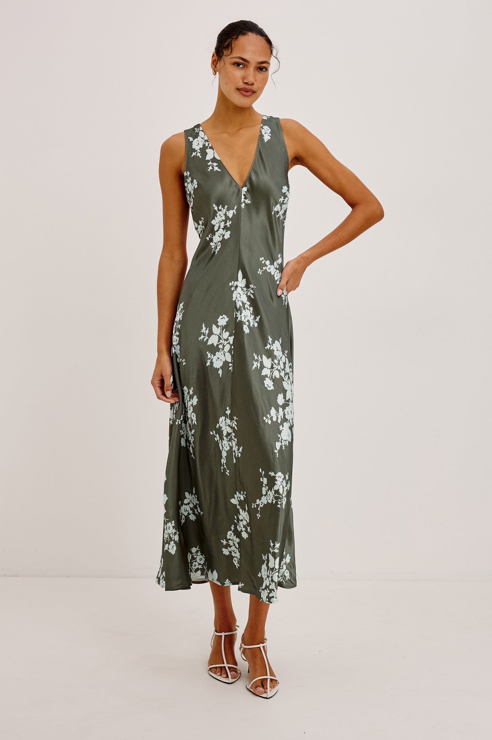 Camellia Midi Dress in Satin-Back Crepe With Bias Cut, Deep V-Neckline, and Wide Shoulder Straps in Lace Floral Colorway - Full Body Front View Featured on Model