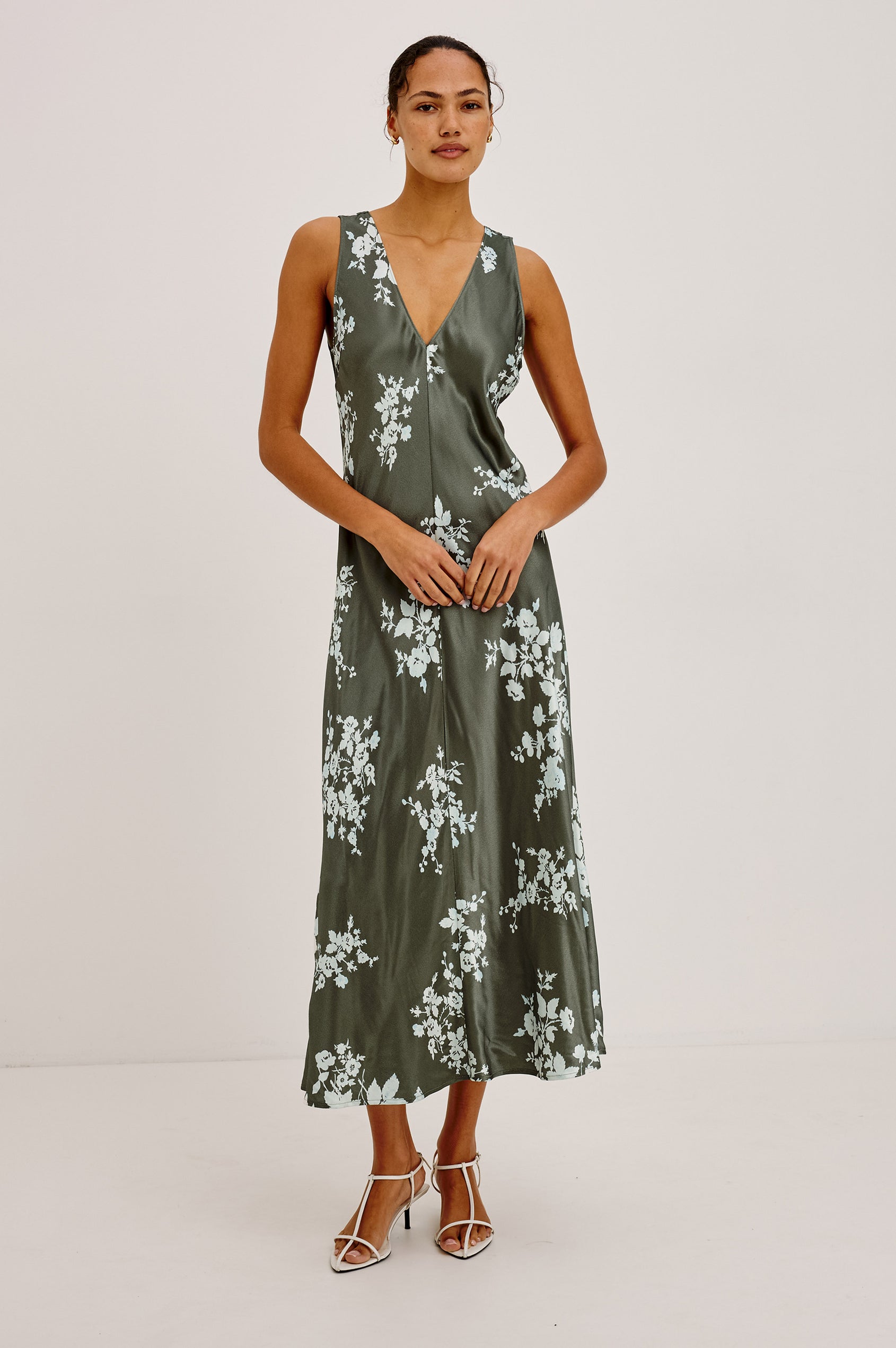 Camellia Midi Dress in Satin-Back Crepe With Bias Cut, Deep V-Neckline, and Wide Shoulder Straps in Lace Floral Colorway - Full Body Front View Featured on Model