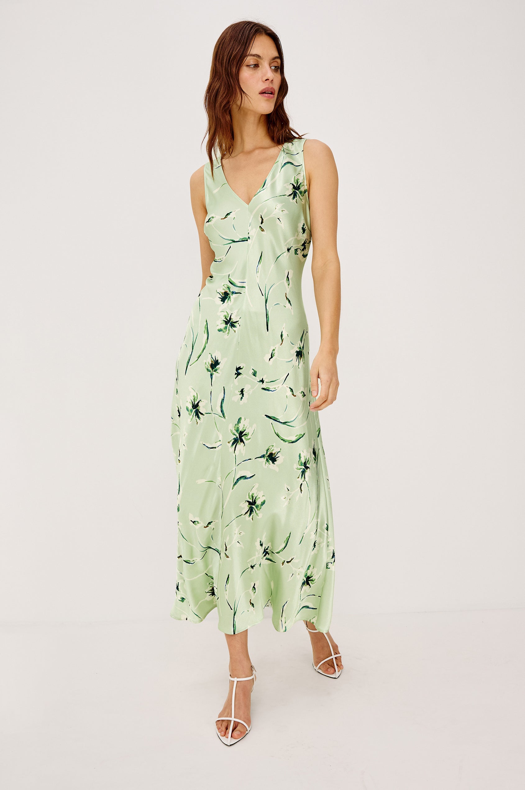 Camellia Bias Cut Maxi Dress in Satin Crepe With Wide Shoulder Straps and V-Neckline in Mint Linnea Colorway - Upper Body Front View Featured on Model