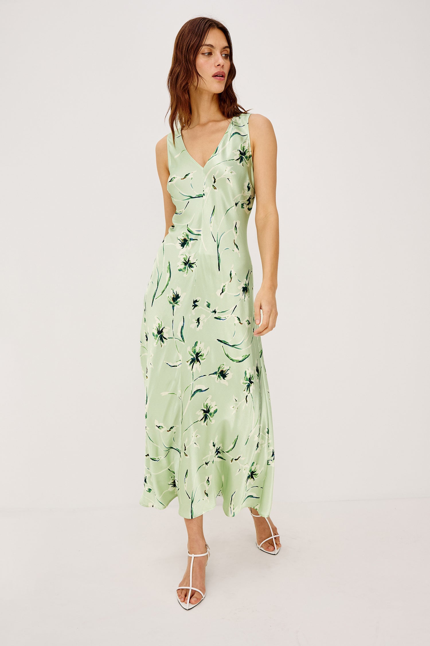 Camellia Bias Cut Maxi Dress in Satin Crepe With Wide Shoulder Straps and V-Neckline in Mint Linnea Colorway - Upper Body Front View Featured on Model