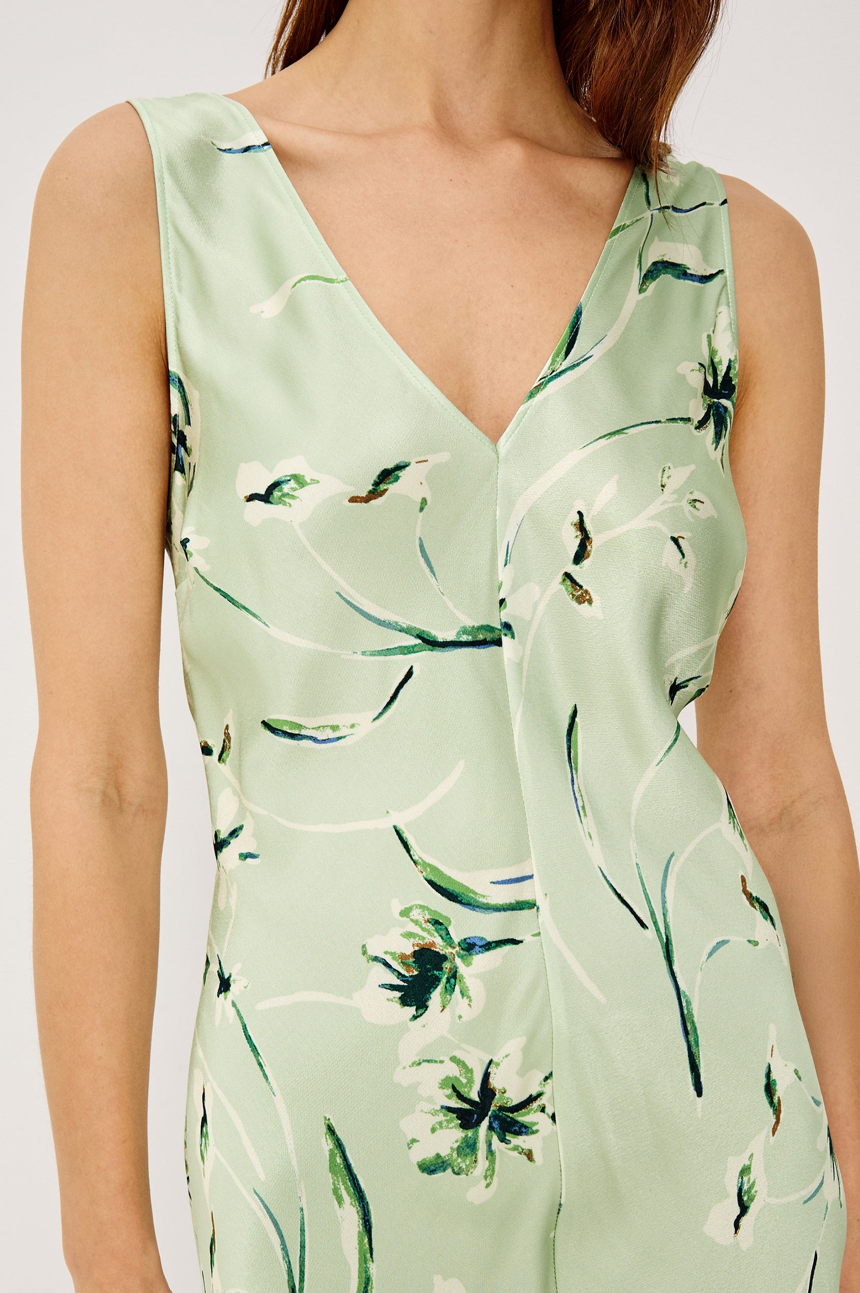 Camellia Bias Cut Maxi Dress in Satin Crepe With Wide Shoulder Straps and V-Neckline in Mint Linnea Colorway - Upper Body Front View Featured on Model