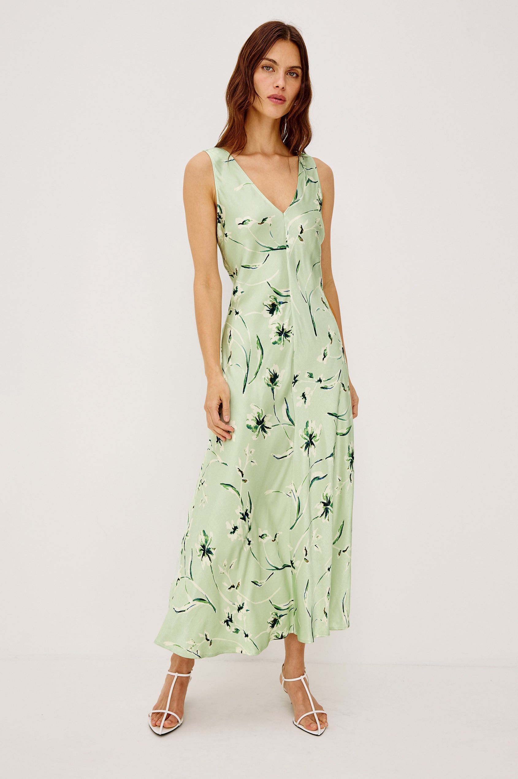 Camellia Bias Cut Maxi Dress in Satin Crepe With Wide Shoulder Straps and V-Neckline in Mint Linnea Colorway - Full Body Front View Featured on Model
