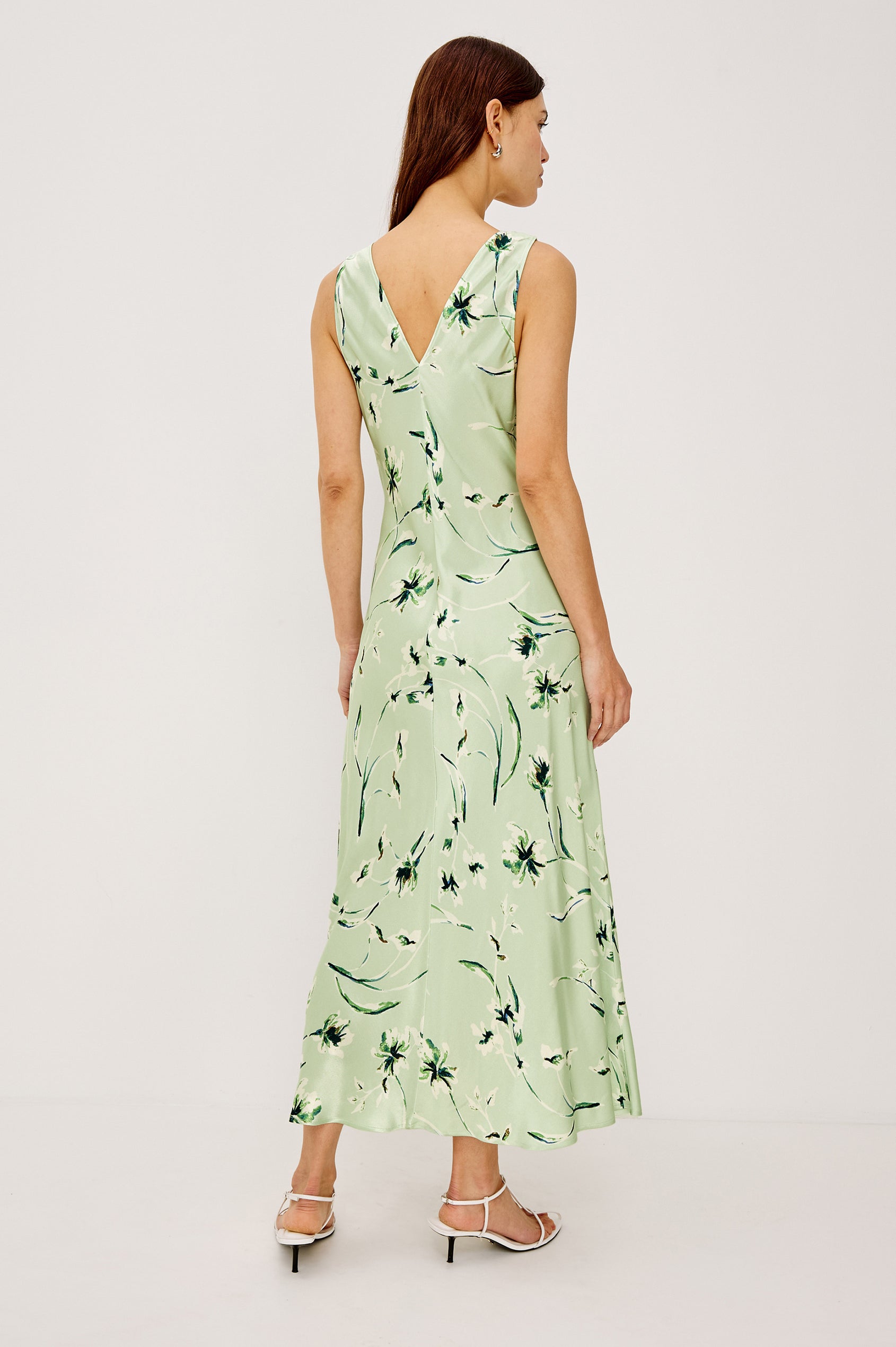 Camellia Bias Cut Maxi Dress in Satin Crepe With Wide Shoulder Straps and V-Neckline in Mint Linnea Colorway - Full Body Back View Featured on Model