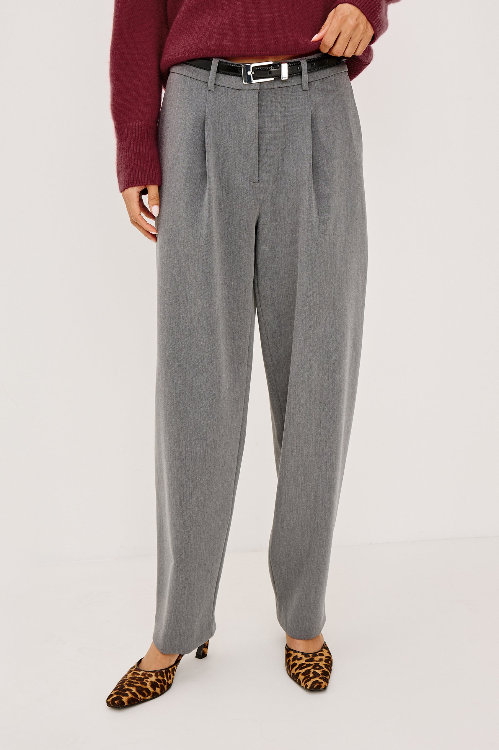 Cameron Pant in Springy Suiting Fabric With High-Rise, Pleated Barrel Legs That Taper, Side and Back Pockets, and Unlined in Heather Grey Colorway - Lower Body Front View Featured on Model