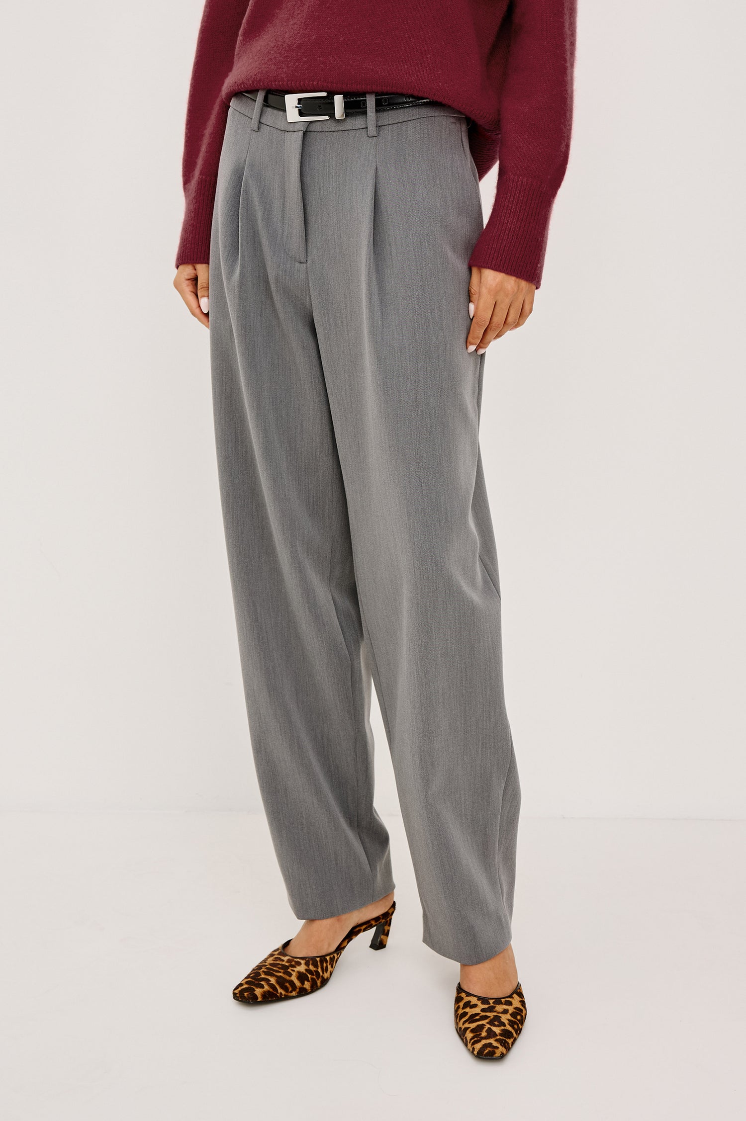 Cameron Pant in Springy Suiting Fabric With High-Rise, Pleated Barrel Legs That Taper, Side and Back Pockets, and Unlined in Heather Grey Colorway - Lower Body Front View Featured on Model