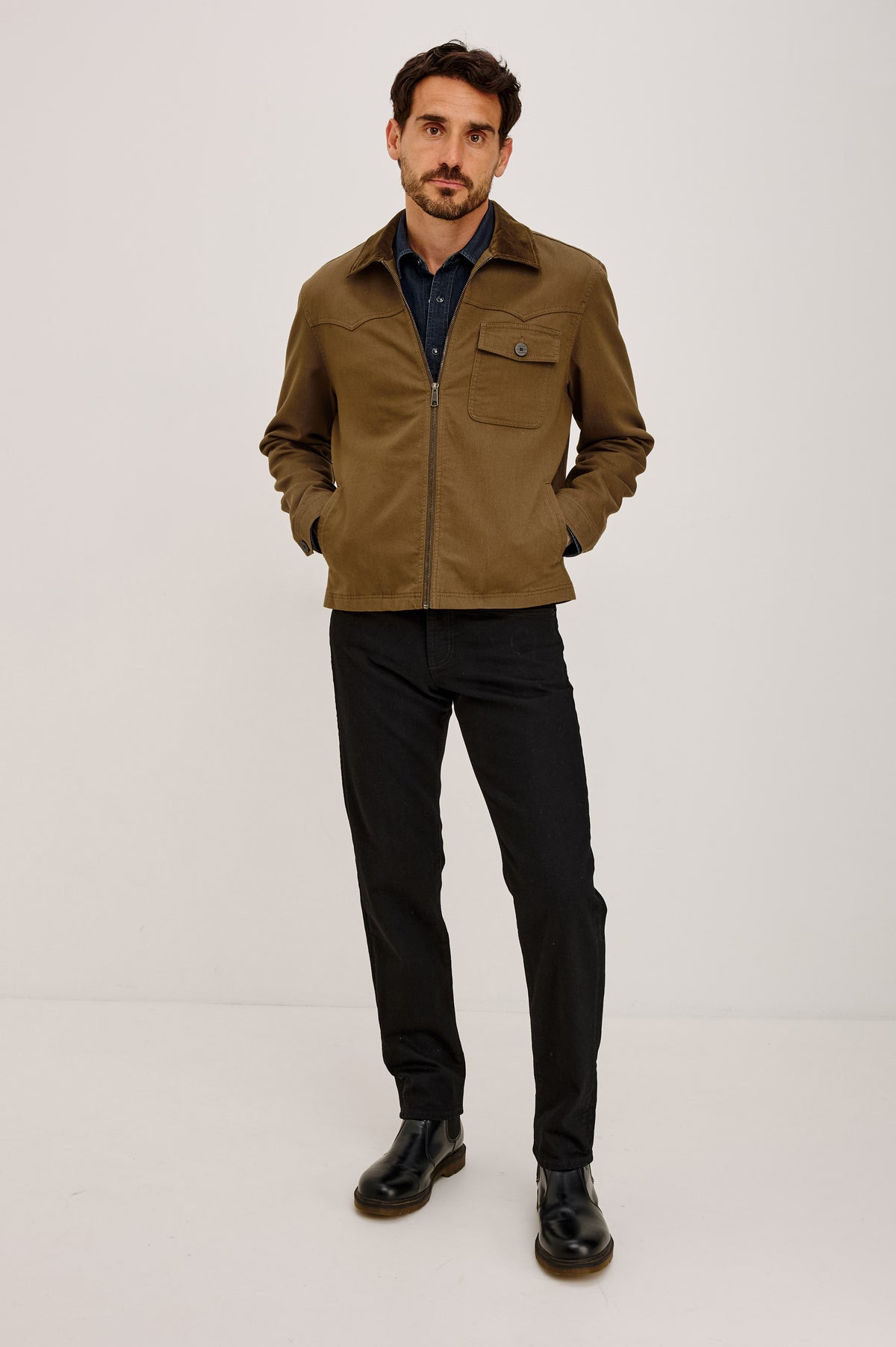 Canyon Jacket in Cotton With Slightly Cropped Utility Fit, Zip-Front Closure, Pointed Collar, Chest Patch Pocket, and Long Sleeves in Mesa Colorway