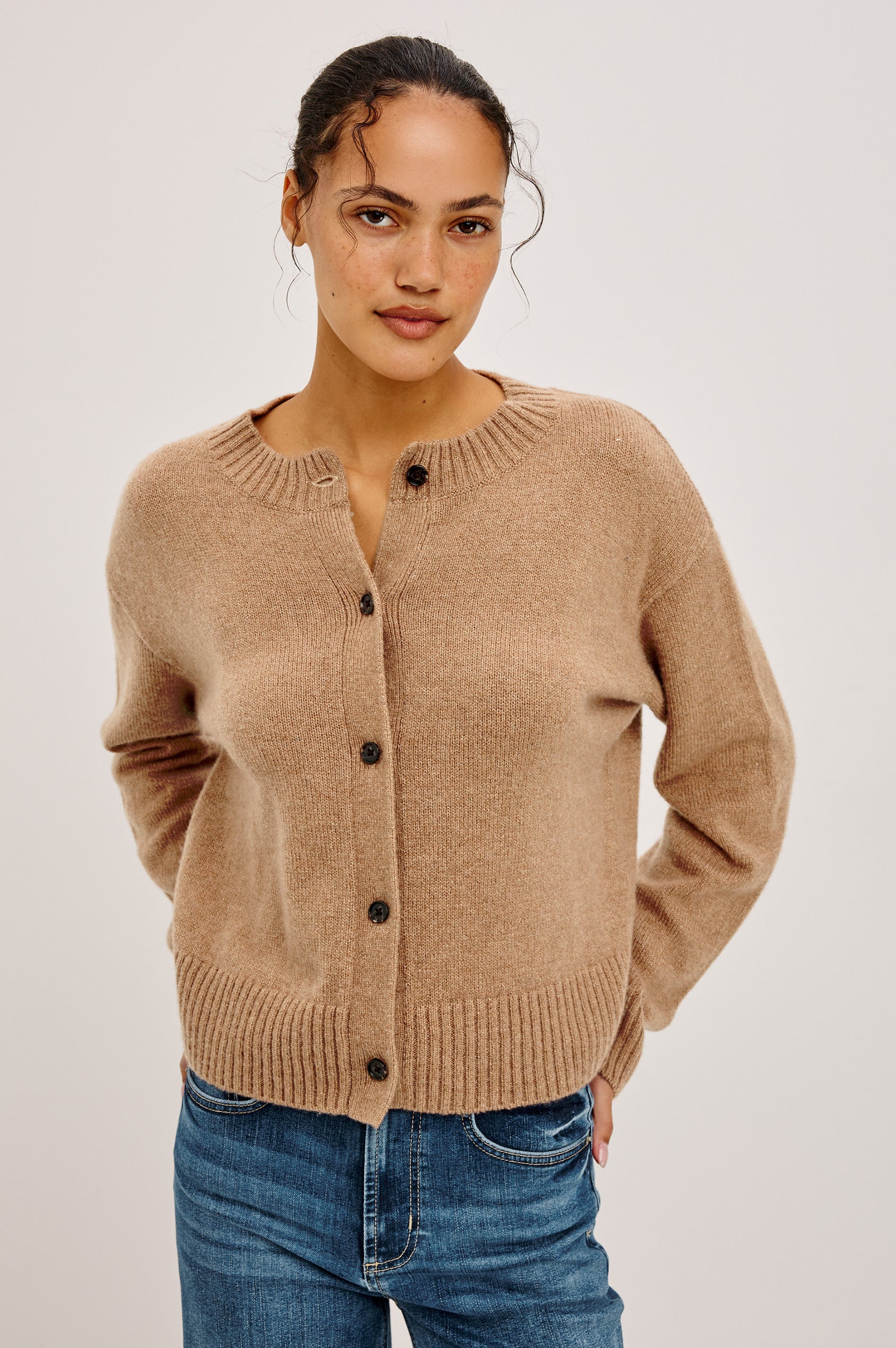 Carre Cardigan in Wool-Cashmere Knit Blend, Relaxed Slightly Boxy Fit, Crew Neckline, Front Buttons, Long Sleeves, and Ribbed Trim in Heather Camel Colorway - Upper Body Front View Featured on Model