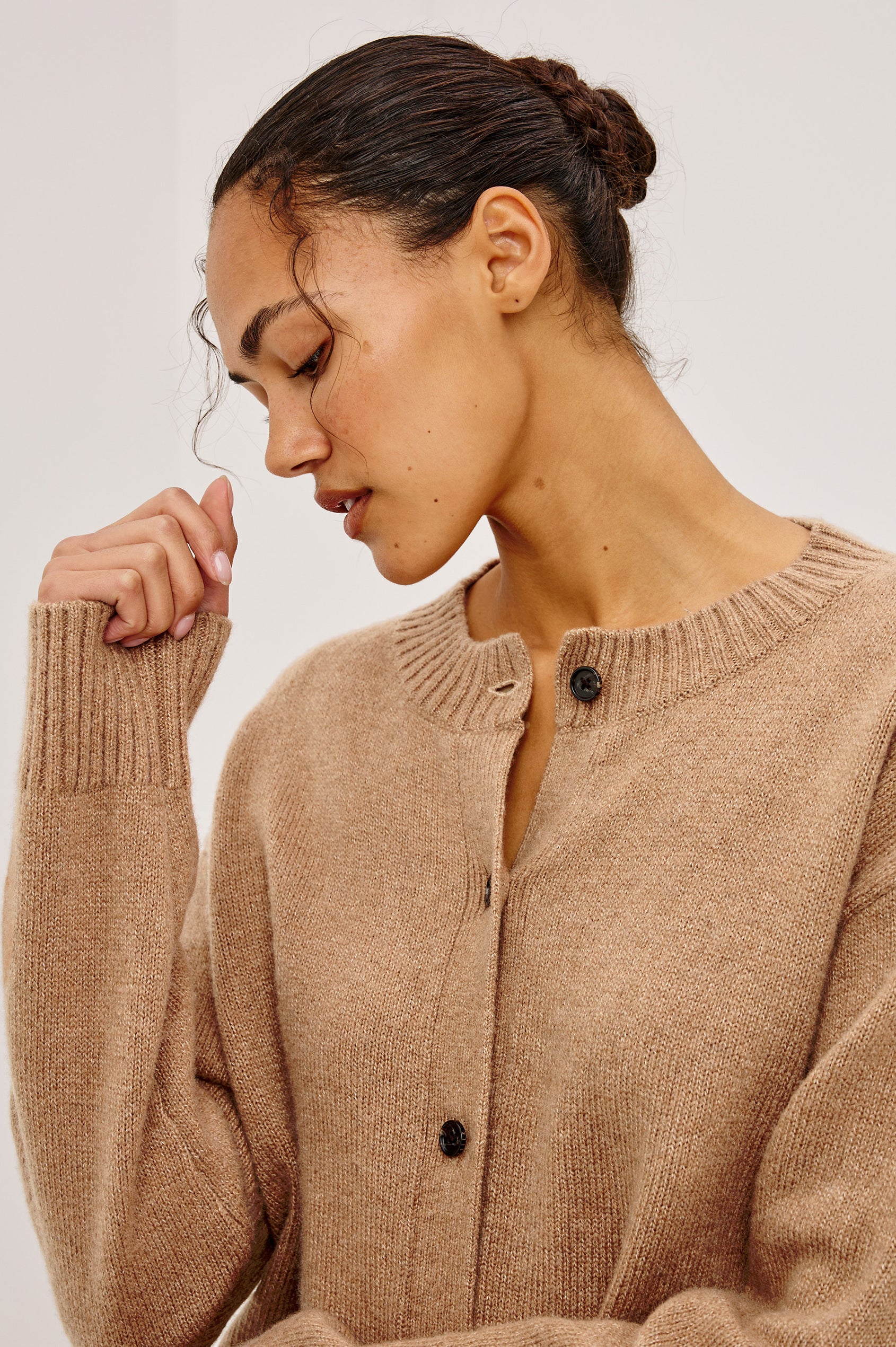 Carre Cardigan in Wool-Cashmere Knit Blend, Relaxed Slightly Boxy Fit, Crew Neckline, Front Buttons, Long Sleeves, and Ribbed Trim in Heather Camel Colorway - Upper Body Front View Featured on Model