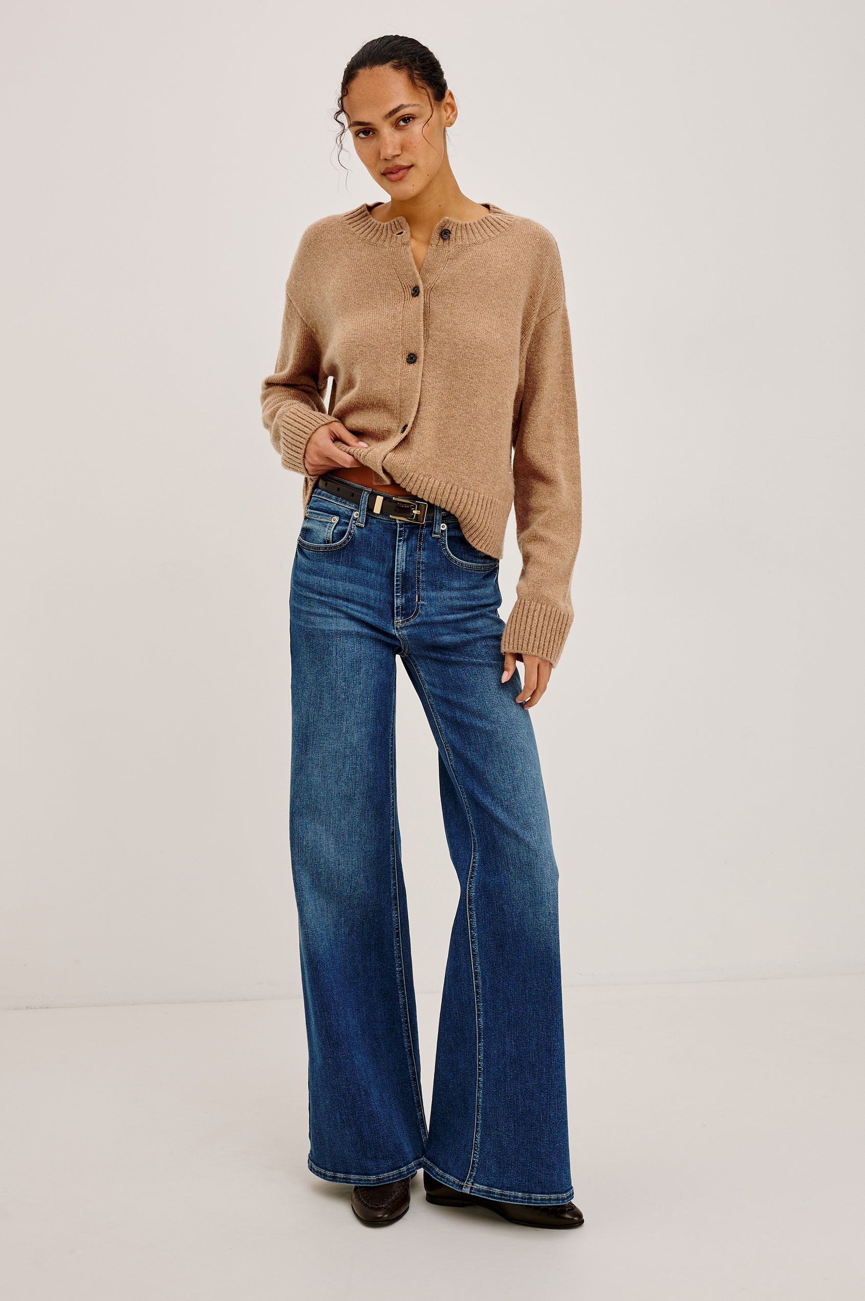 Carre Cardigan in Wool-Cashmere Knit Blend, Relaxed Slightly Boxy Fit, Crew Neckline, Front Buttons, Long Sleeves, and Ribbed Trim in Heather Camel Colorway - Upper Body Front View Featured on Model