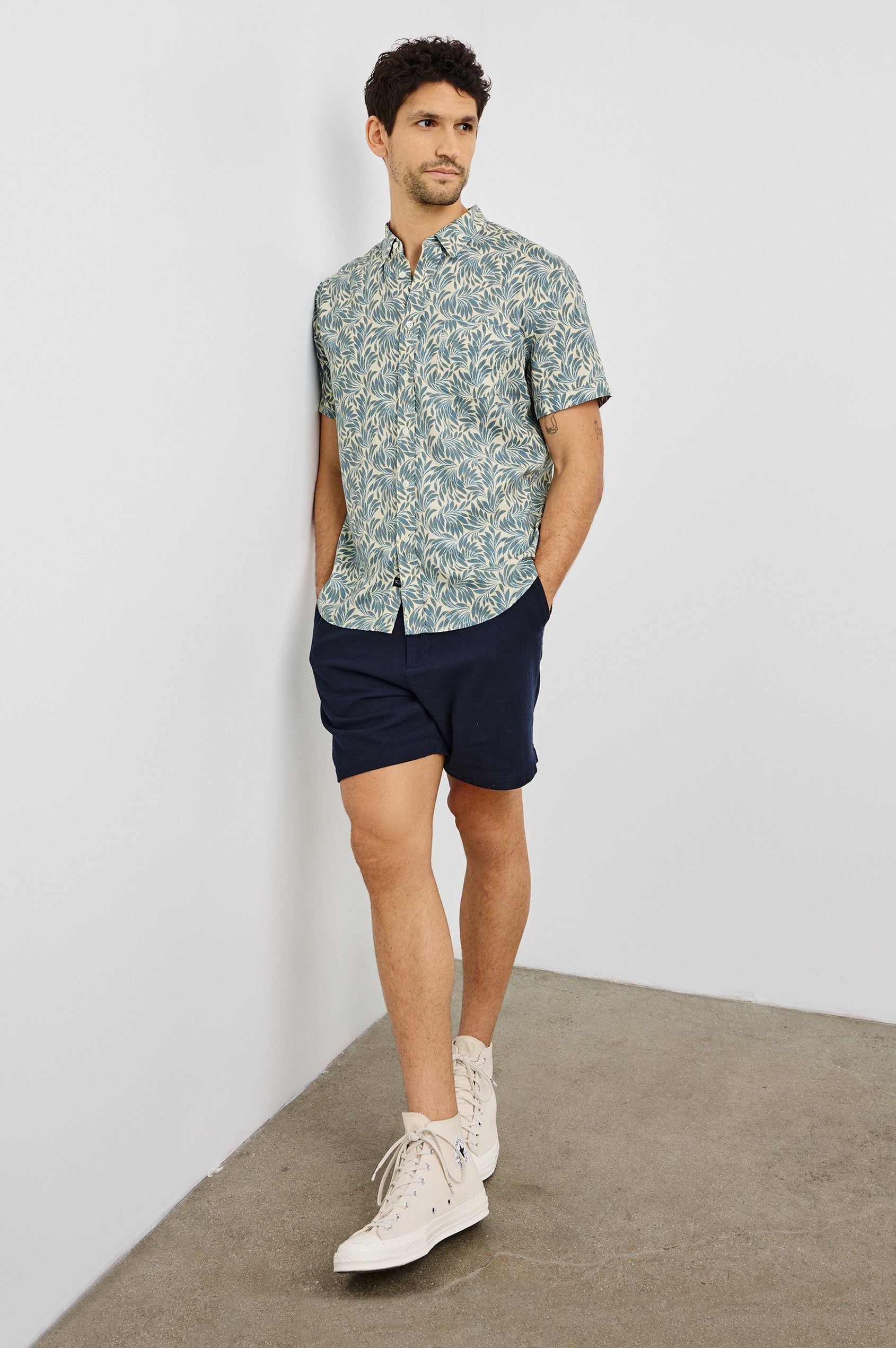 Carson Collared Button Front Shirt with Short Sleeves and a Chest Pocket in Ecru Banana Leaf Colorway. Front View Shown on Model.