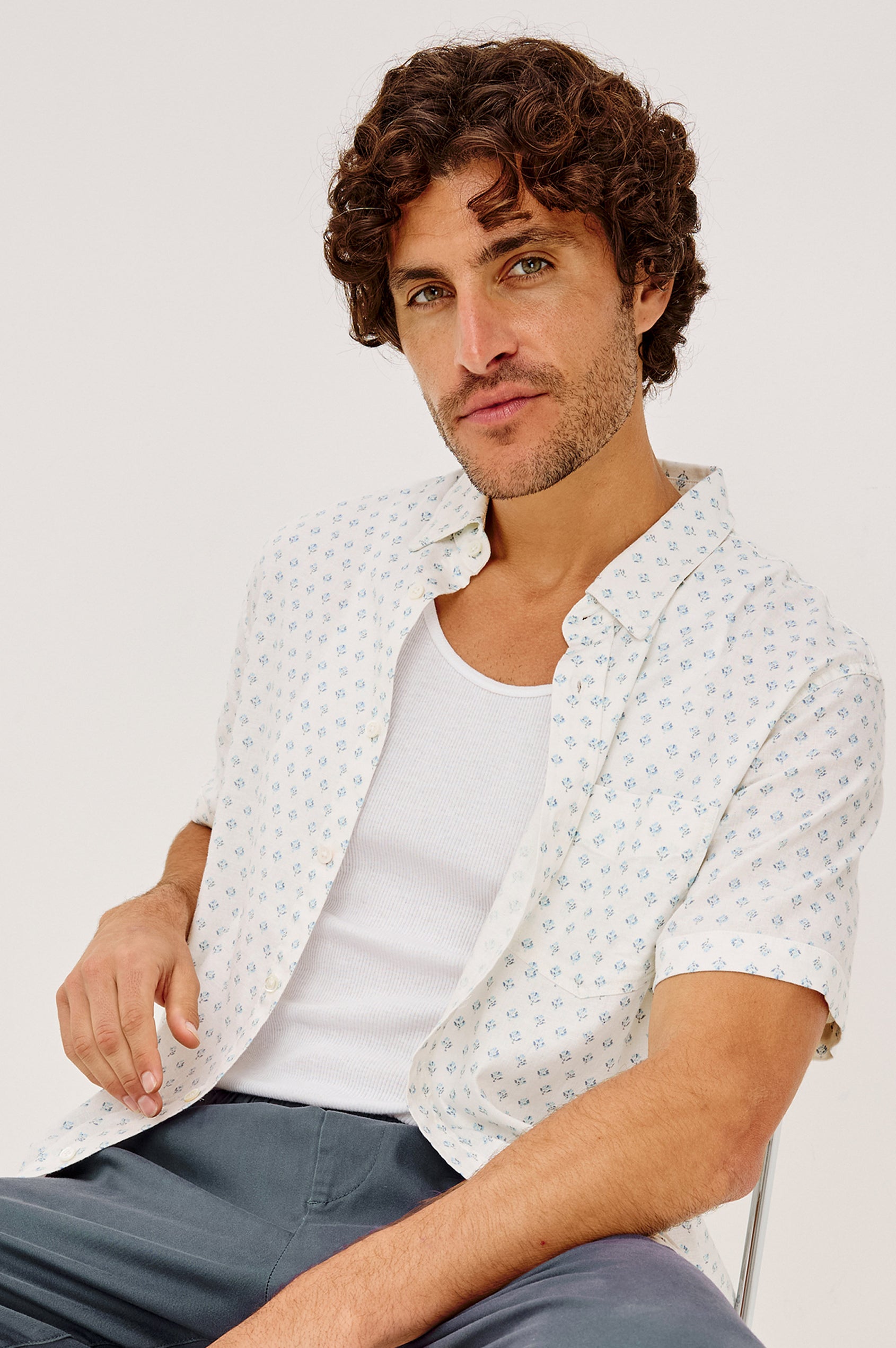 Carson Button-Up Shirt in Cotton Blend With Collar, Chest Patch Pocket, Short Sleeves, and Classic Fit in White Blue Block Colorway - Full Body Front View Featured on Model