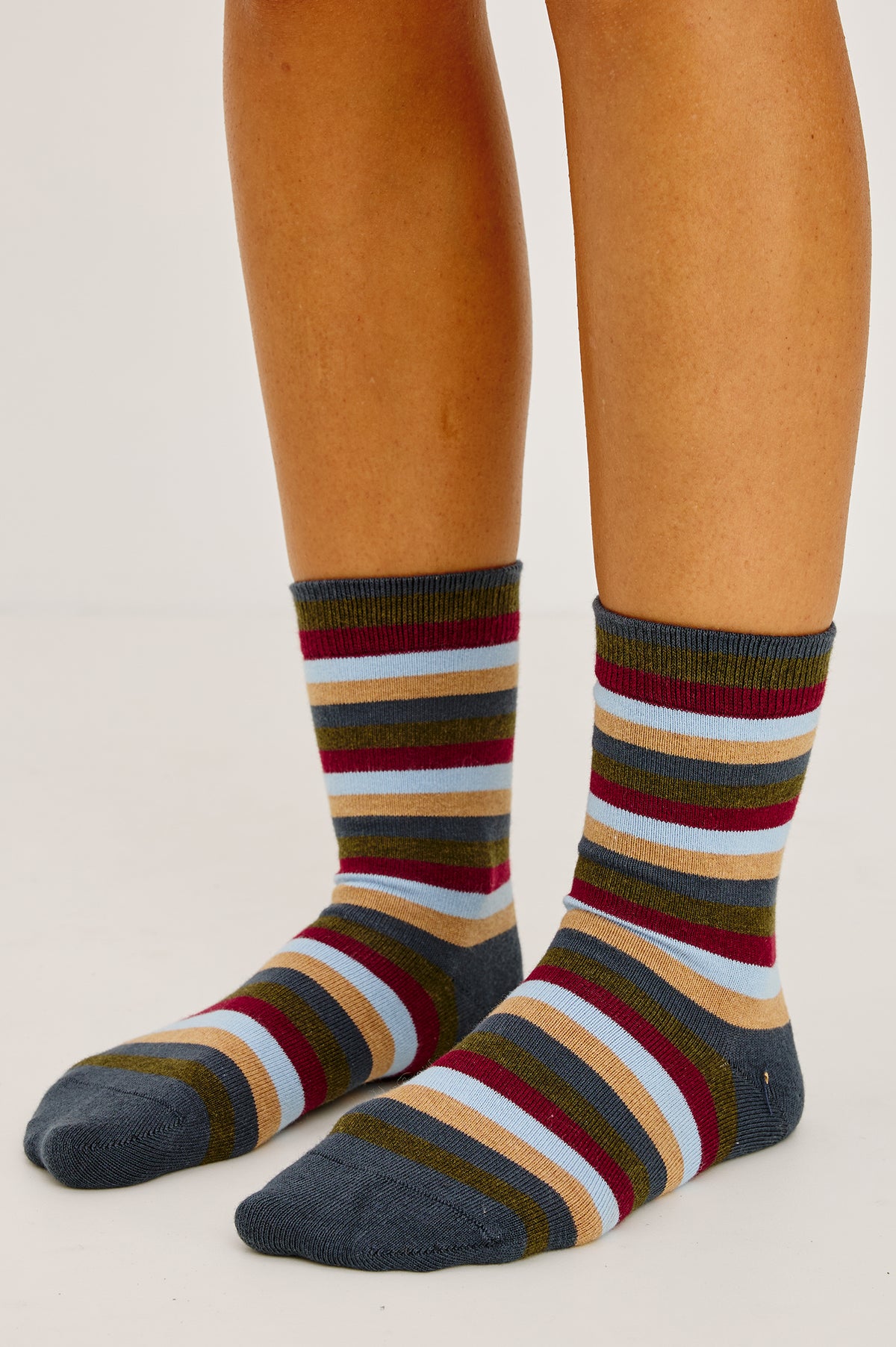 Pointelle Crew Socks in Soft Cotton Blend With Ruffle Trim in Alpine Stripe Colorway - Upper Body Front Detail View Featured on Model.