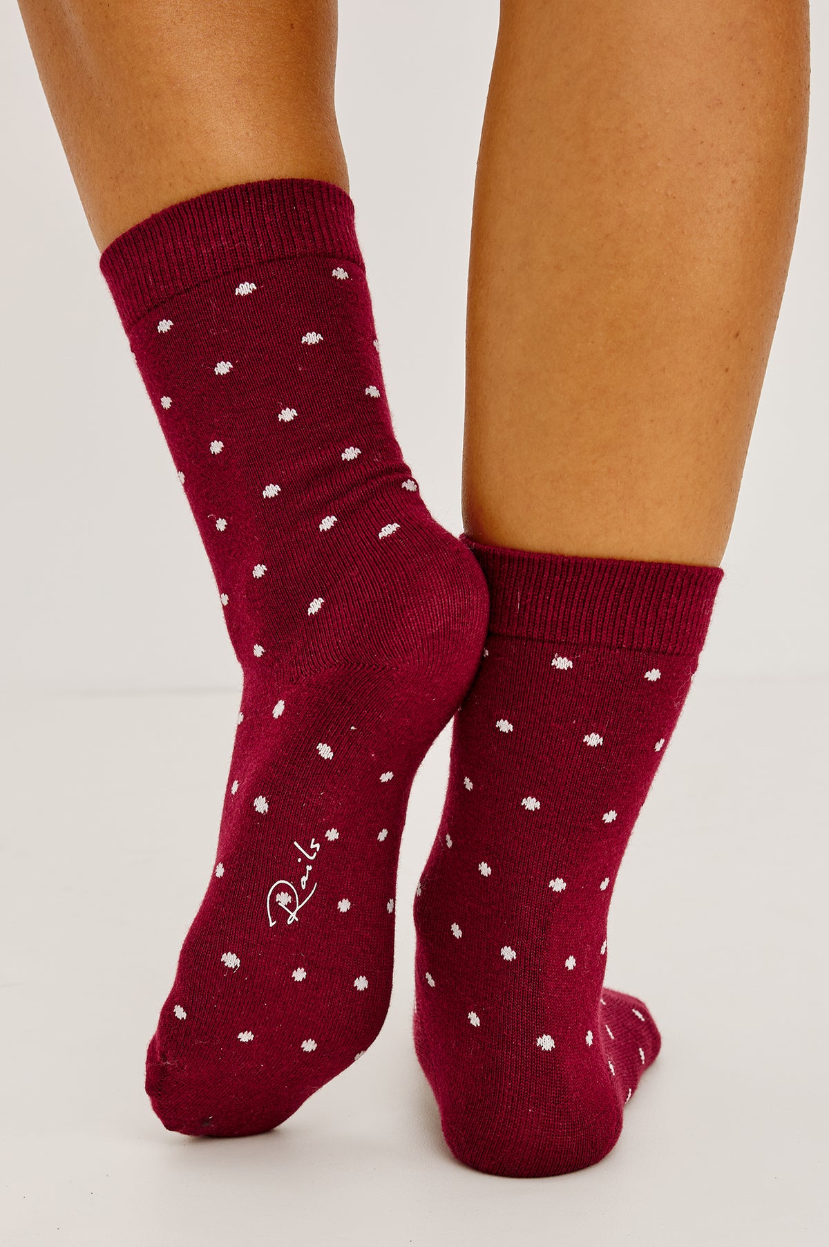 Cashmere Crew Socks in Soft Cotton-Cashmere Blend With Ribbed Cuffs in Cardinal Polka Dot Colorway - Full Body Front View Featured on Model.