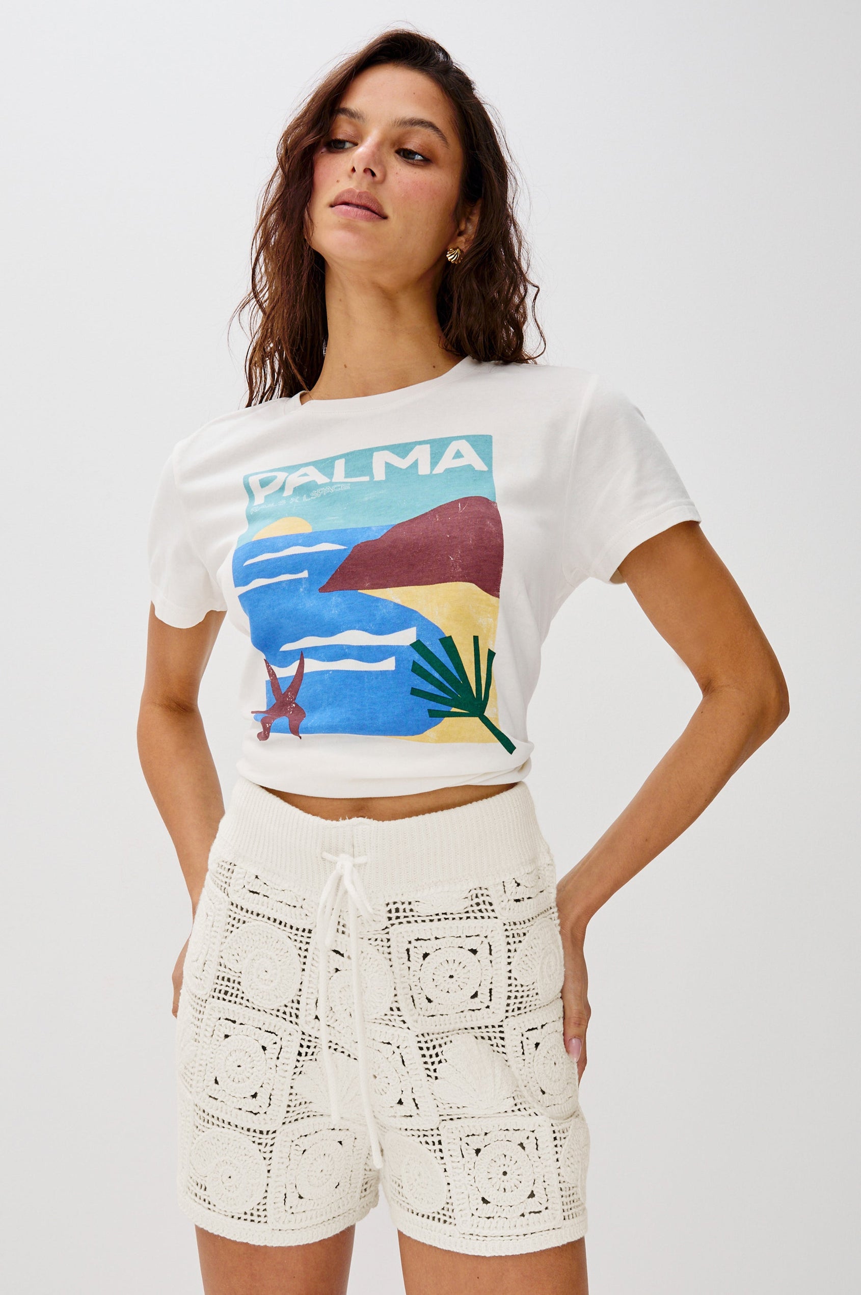Catalina Pull On Drawstring Short with Ribbed Waistband in White Sea Shell Crochet Colorway. Front View shown on Model.