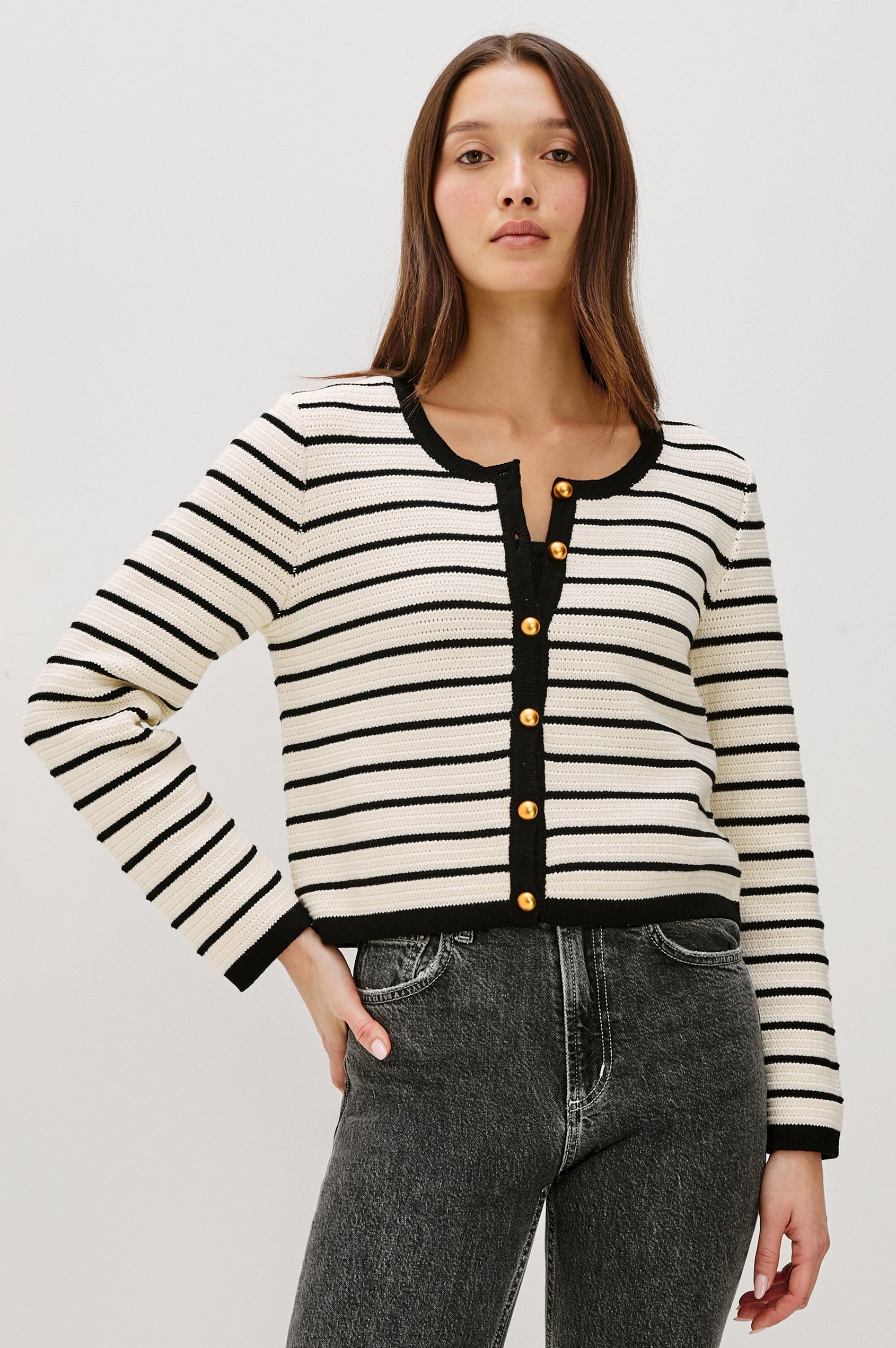 CATANIA CARDIGAN - IVORY BLACK STRIPE