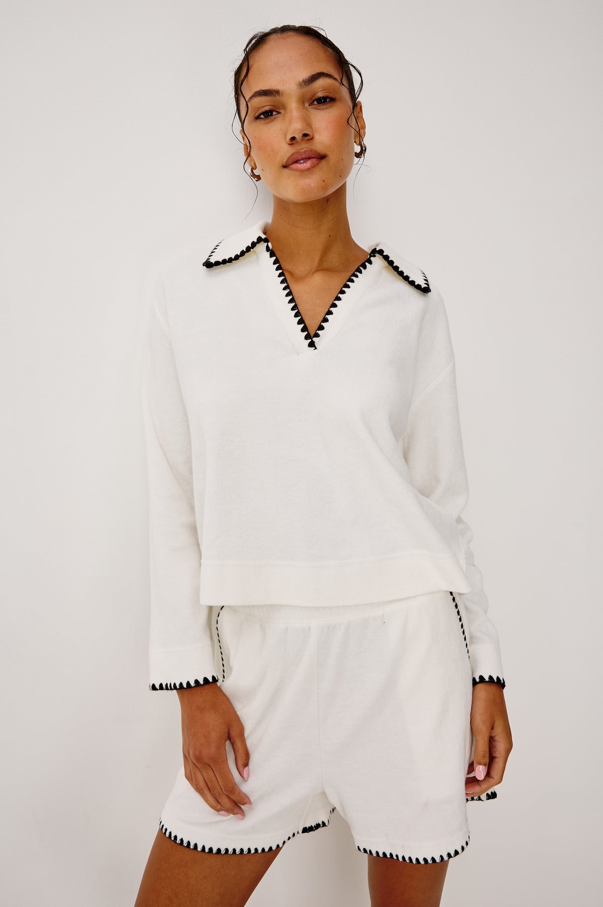Cati Shirt in Terry With Collar, V-Neckline, Contrast Blanket Stitch Detailing, and Long Sleeves in Ivory Colorway - Upper Body Front View Featured on Model