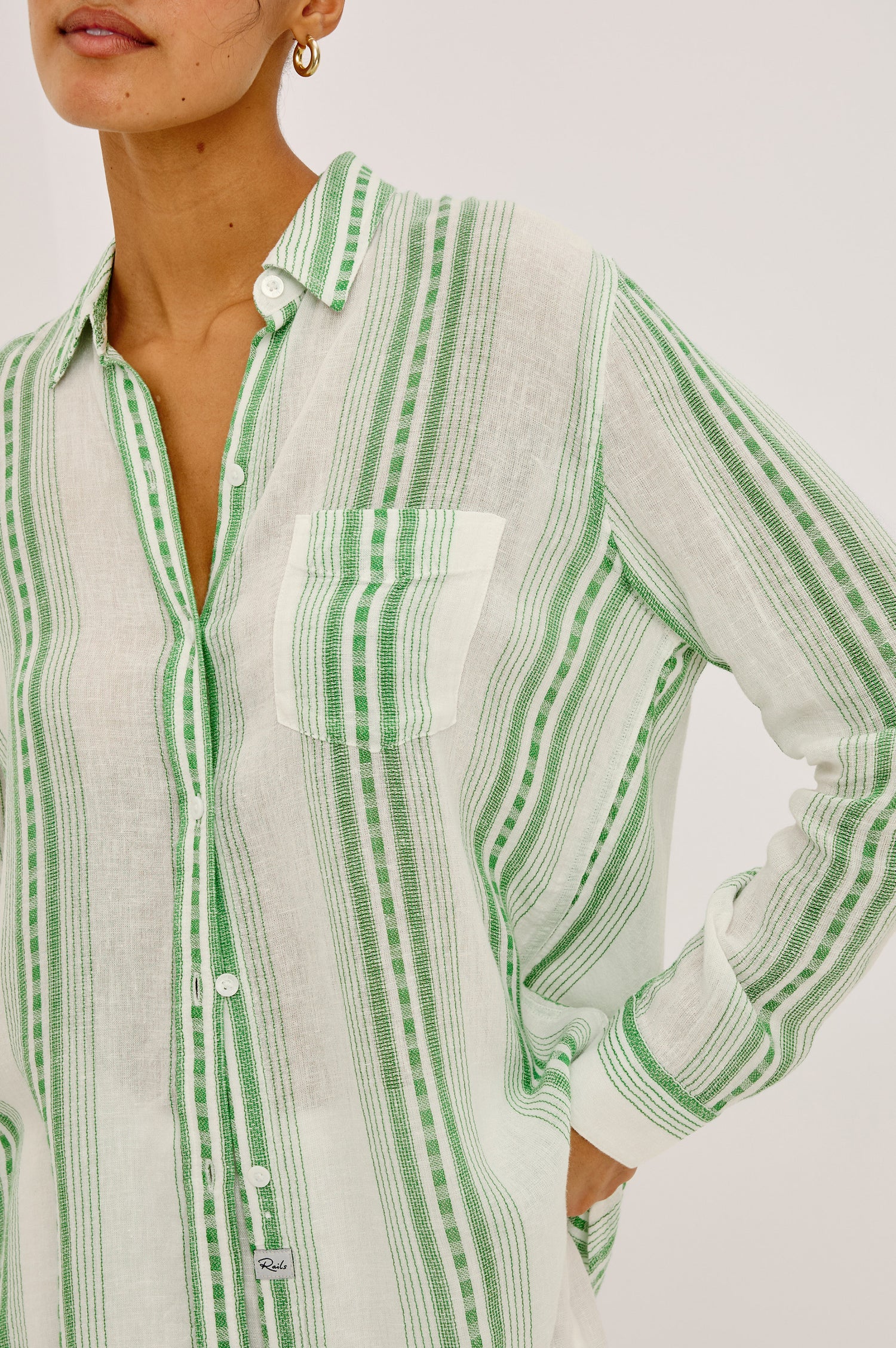 Charli Button-Up Shirt in Linen Blend With Collar, Long Sleeves, Relaxed Fit, and Single Chest Patch Pocket in Margarita Stripe Colorway - Upper Body Close Up Front View Featured on Model