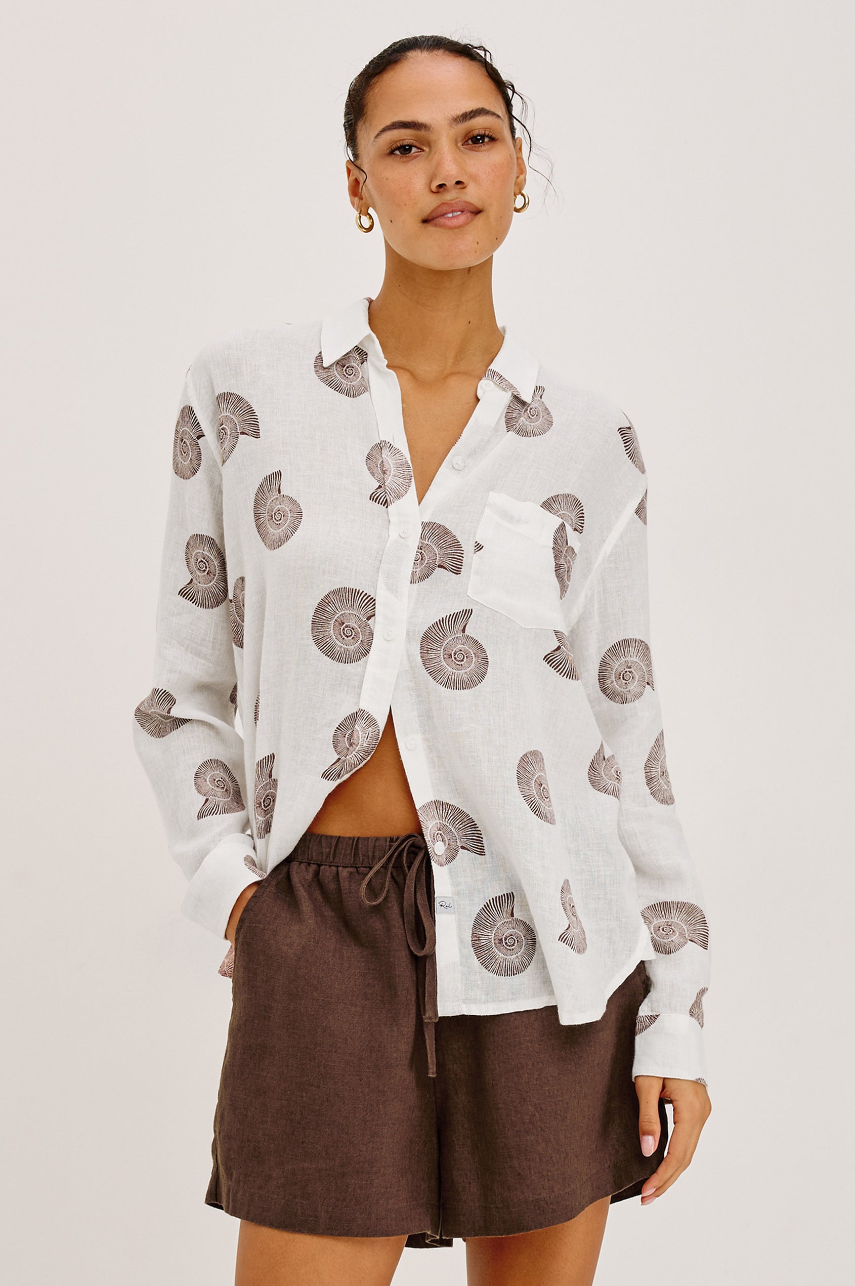 Charli Button-Up Shirt in Linen Blend With Collar, Long Sleeves, Relaxed Fit, and Single Chest Patch Pocket in Spiral Shells Colorway - Upper Body Front View Featured on Model