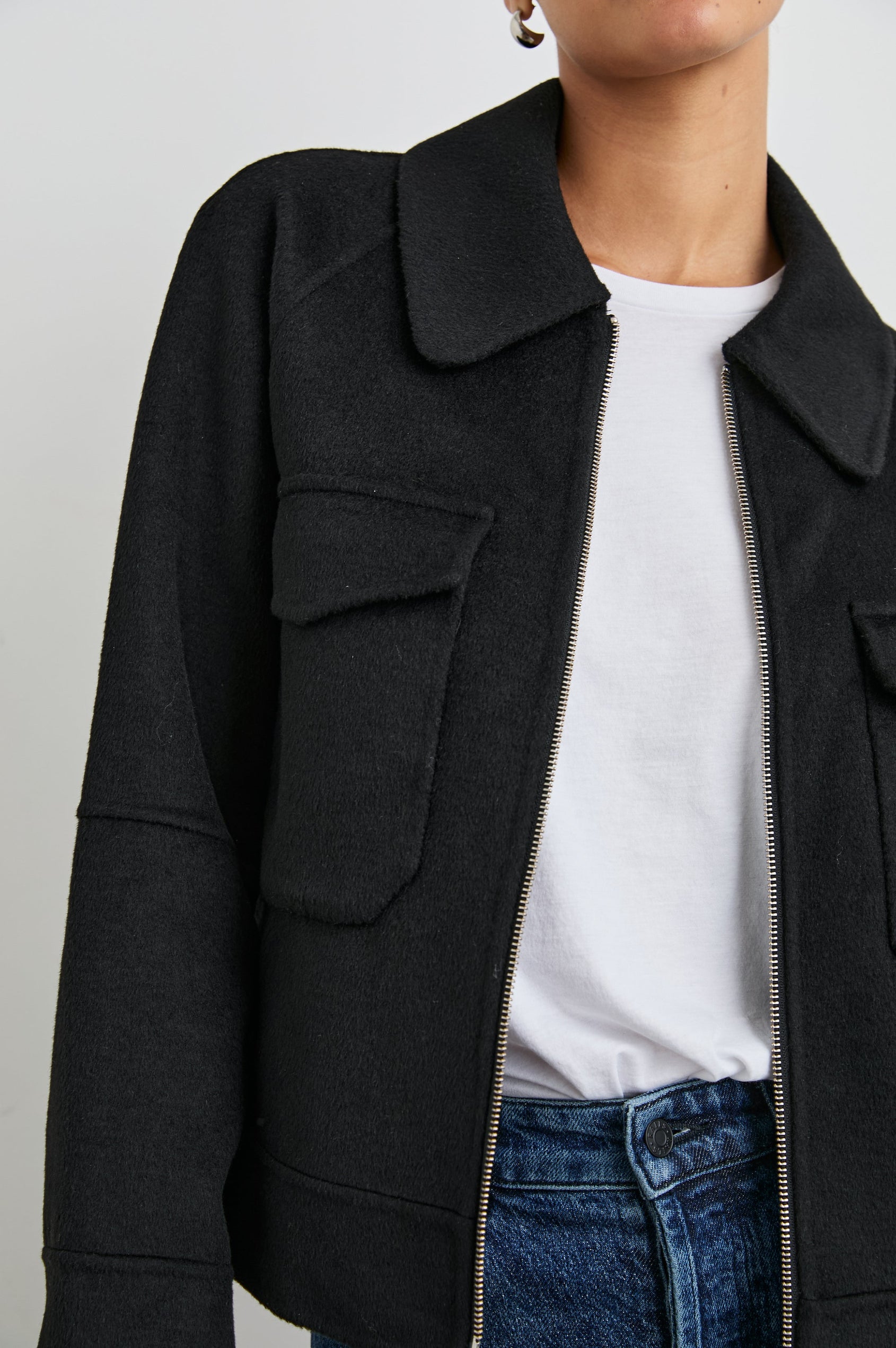 Cheyenne Zip-Up Jacket with Two Chest Flap Pockets and Dual Zipper in Black Colorway - Front View Featured on Model 