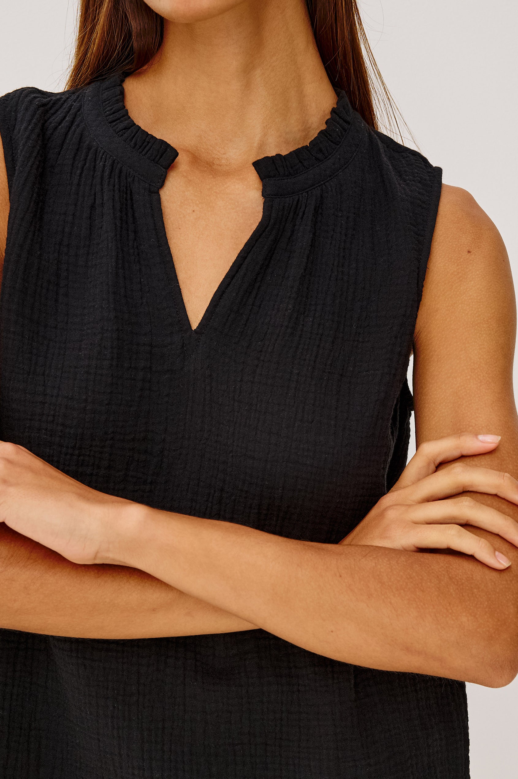 Christy Cotton Gauze Sleeveless Top with Collared V-Neck In Colorway Black - Detail View Featured On Model
