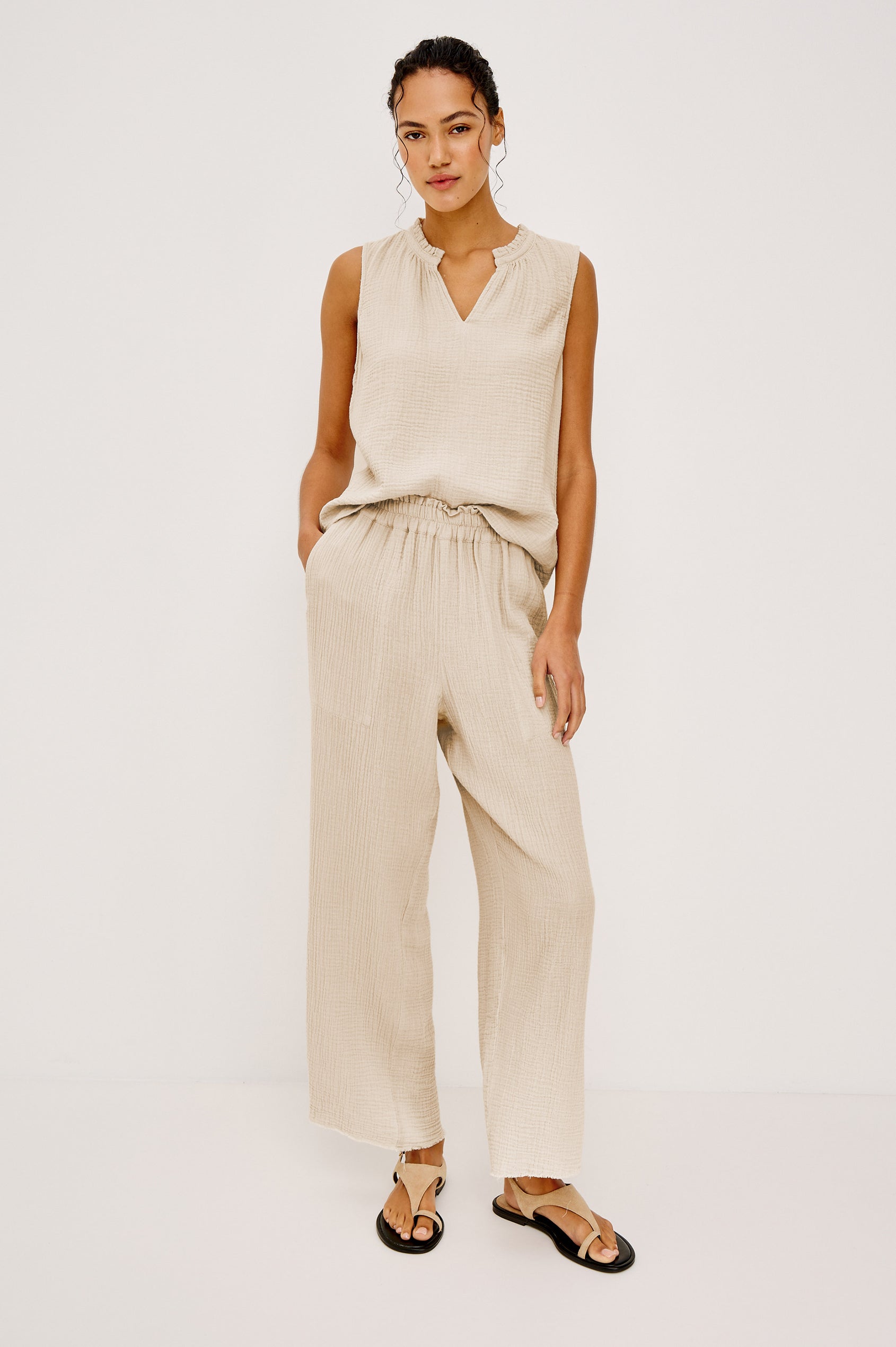 Christy Cotton Gauze Sleeveless Top with Collared V-Neck In Colorway Light Brown Heather Flax Colorway - Full Body Front View Featured On Model