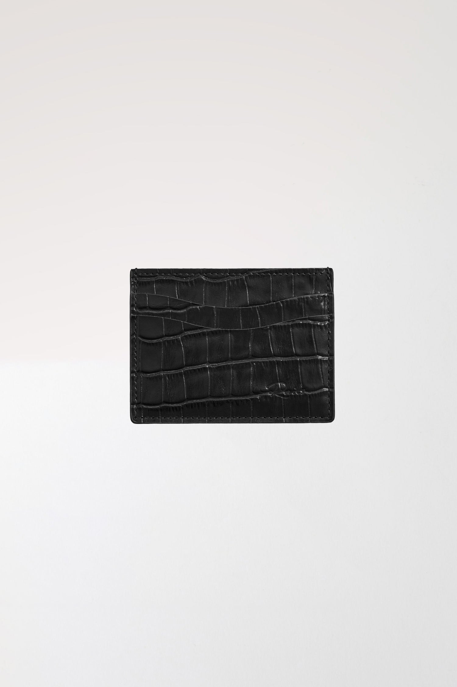 Classic Card Holder in Croc-Embossed Spanish Leather With Top Pocket, Two Front Slip Pockets, and Embossed Rails Logo in Black Croc Embossed Colorway -