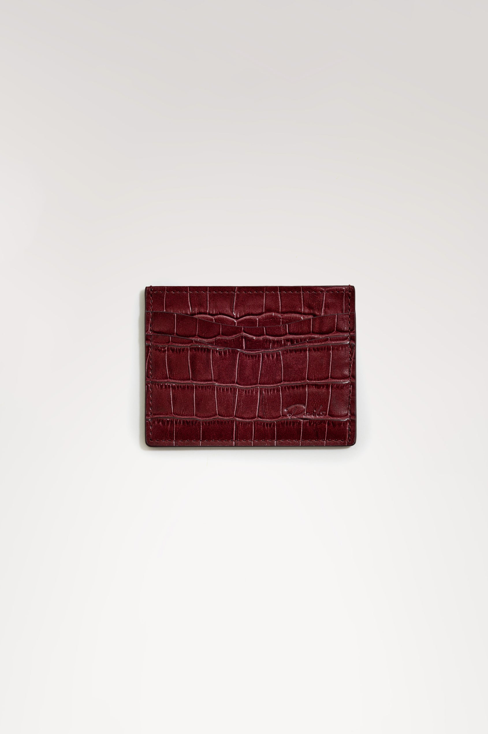 Classic Card Holder in Croc-Embossed Spanish Leather With Top Pocket, Two Front Slip Pockets, and Embossed Rails Logo in Burgundy Croc Embossed Colorway -