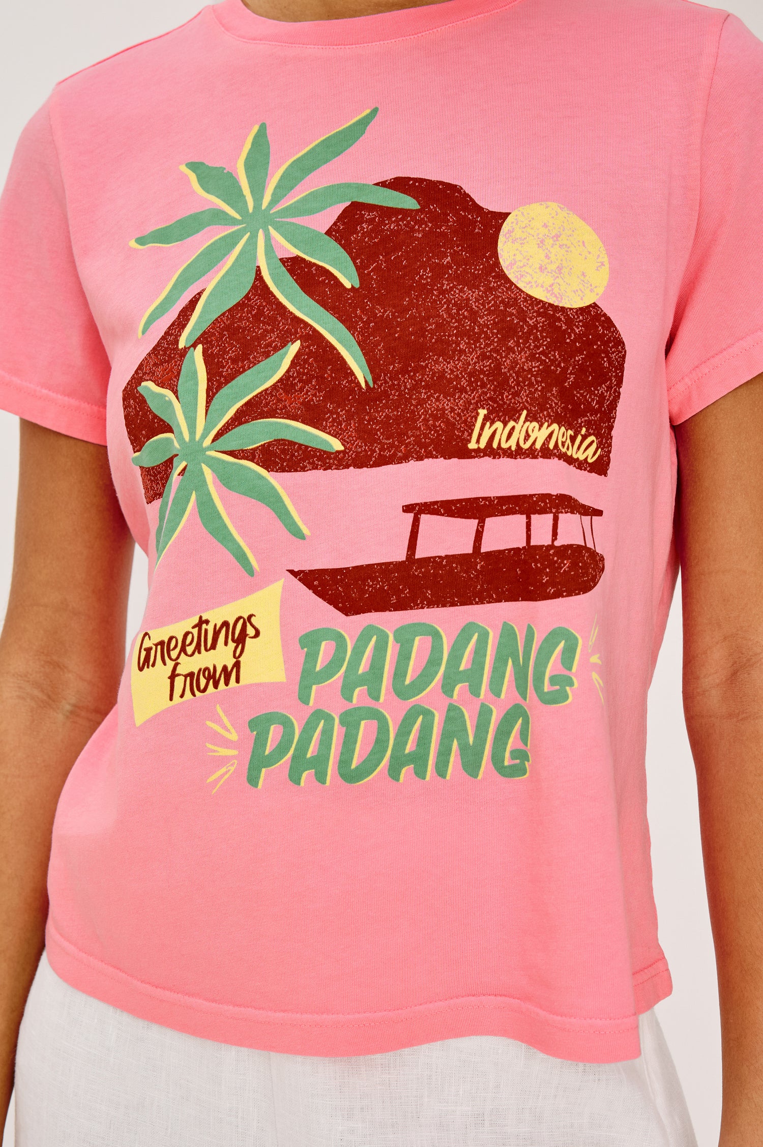 Classic Crew Neck T-Shirt in Pima Cotton With Relaxed FIt and Short Sleeves in Padang Colorway - Upper Body Close Up Front View Featured on Model