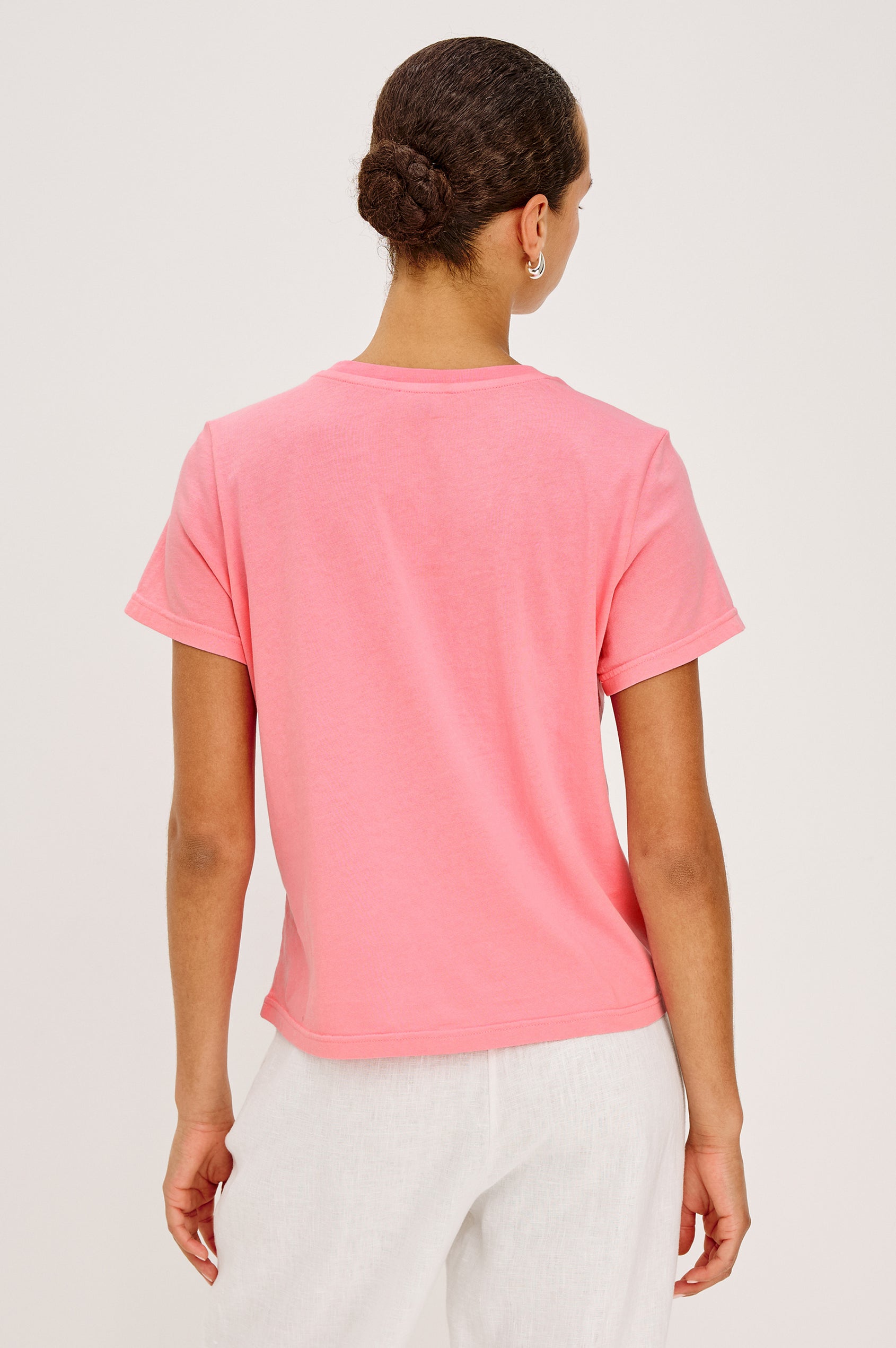 Classic Crew Neck T-Shirt in Pima Cotton With Relaxed FIt and Short Sleeves in Padang Colorway - Upper Body Back View Featured on Model
