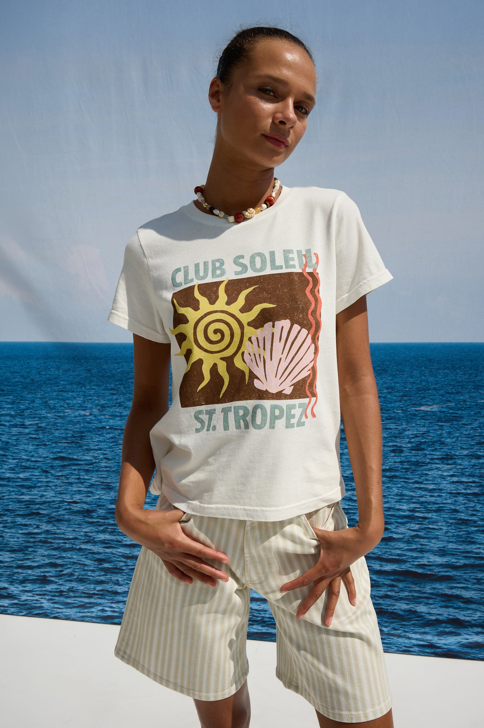 Classic Crew Neck T-Shirt in Pima Cotton With Relaxed Fit and Short Sleeves in St Tropez Colorway - Upper Body Front View Featured on Model