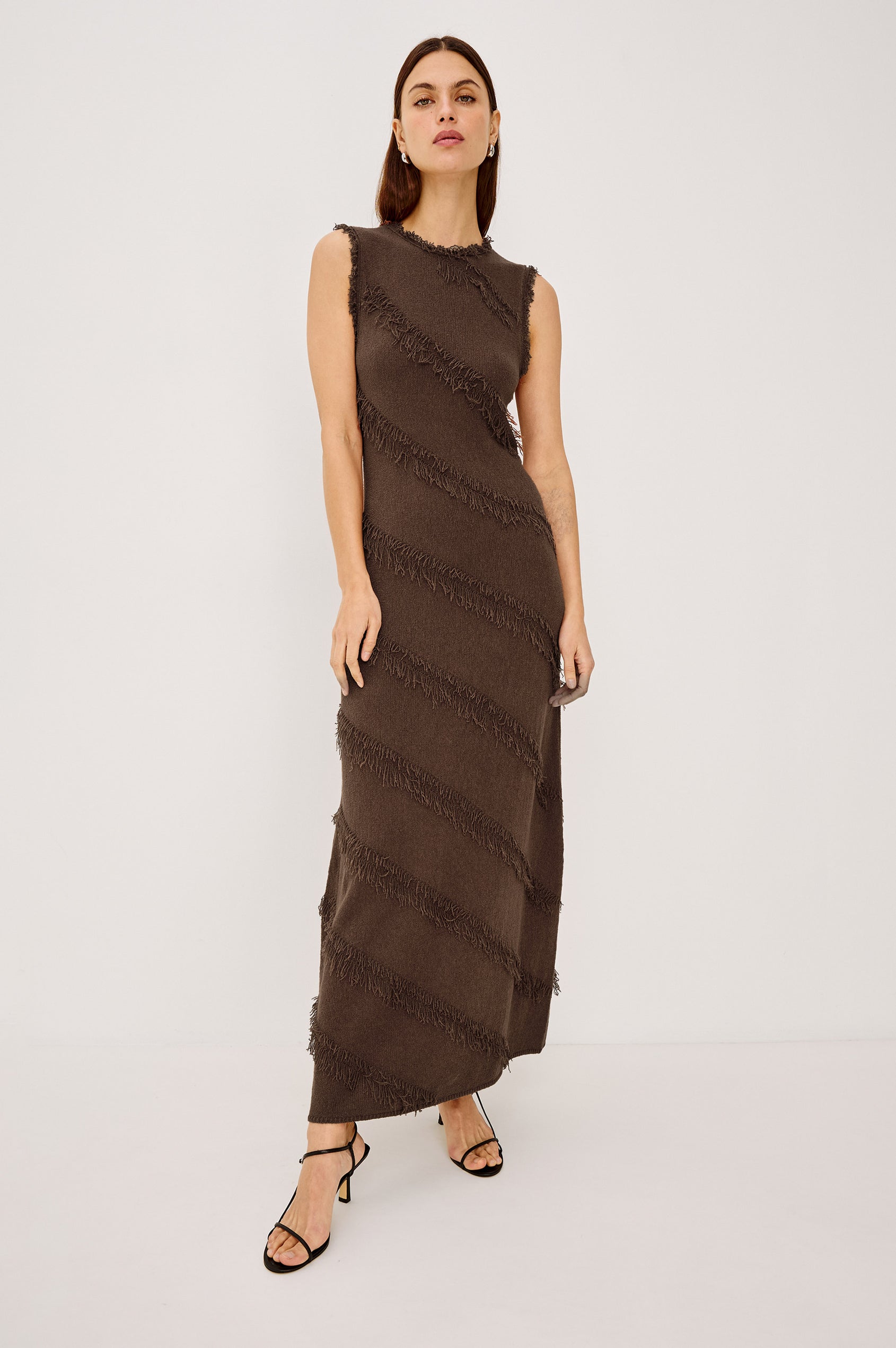 Claudia Maxi Dress in Silk Blend With Diagonal Fringe Trim, Round Neckline, and Straight Hem in Cinnamon Colorway - Full Body Front View Featured on Model