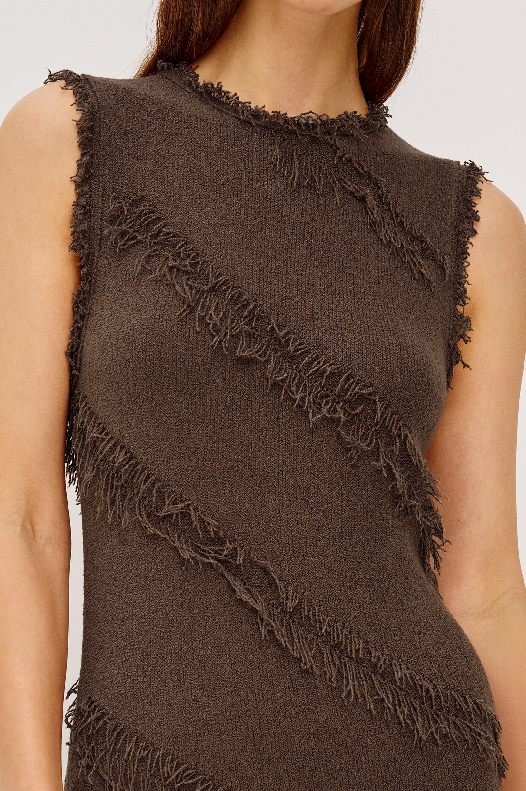 Claudia Maxi Dress in Silk Blend With Diagonal Fringe Trim, Round Neckline, and Straight Hem in Cinnamon Colorway - Upper Body Front View Featured on Model