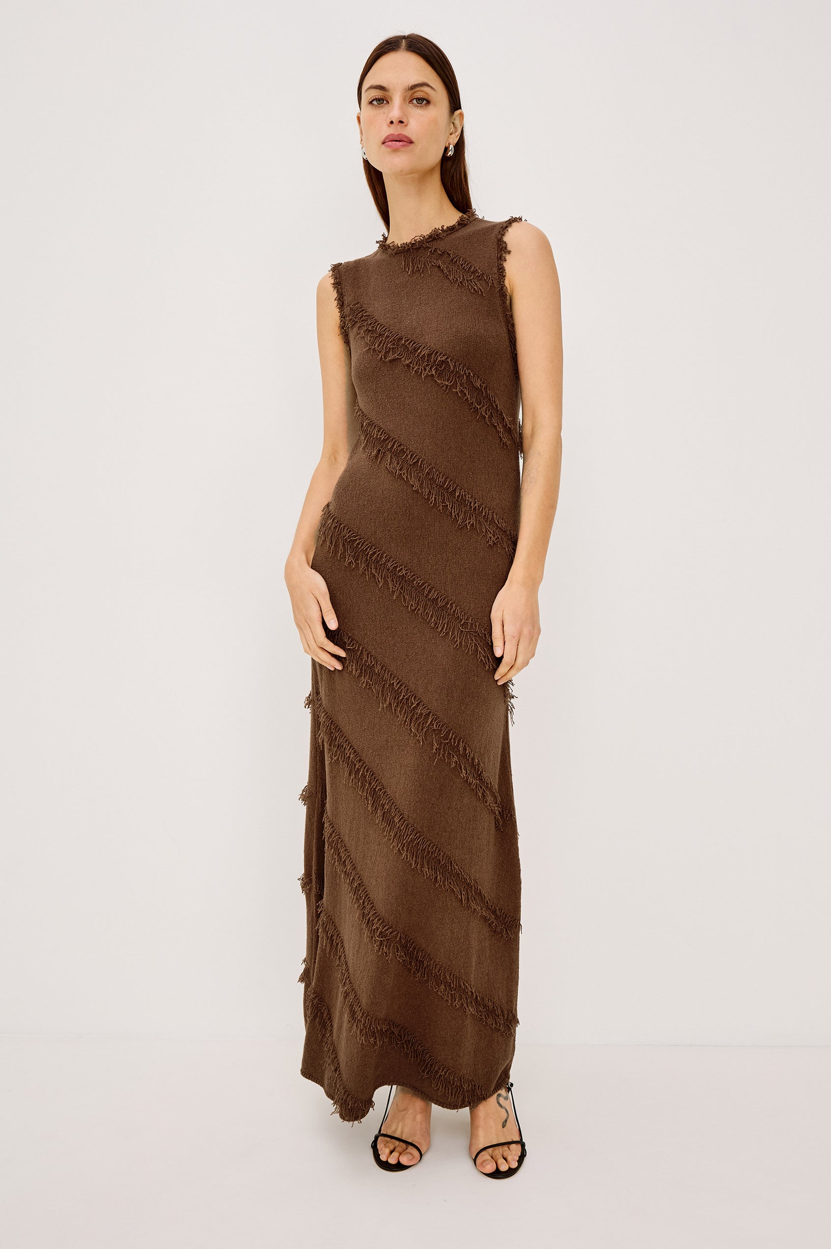 Claudia Maxi Dress in Silk Blend With Diagonal Fringe Trim, Round Neckline, and Straight Hem in Cinnamon Colorway - Full Body Front View Featured on Model
