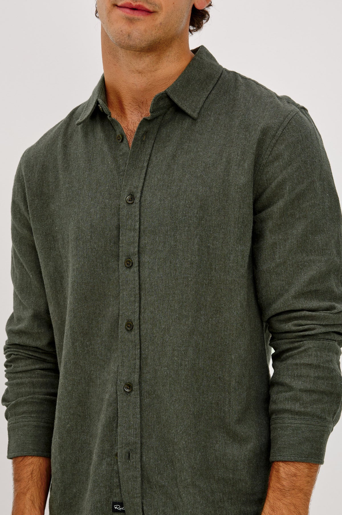 Cliff Shirt in Brushed Herringbone Knit With Classic Collar and Front Buttons in Moss Herringbone Colorway -