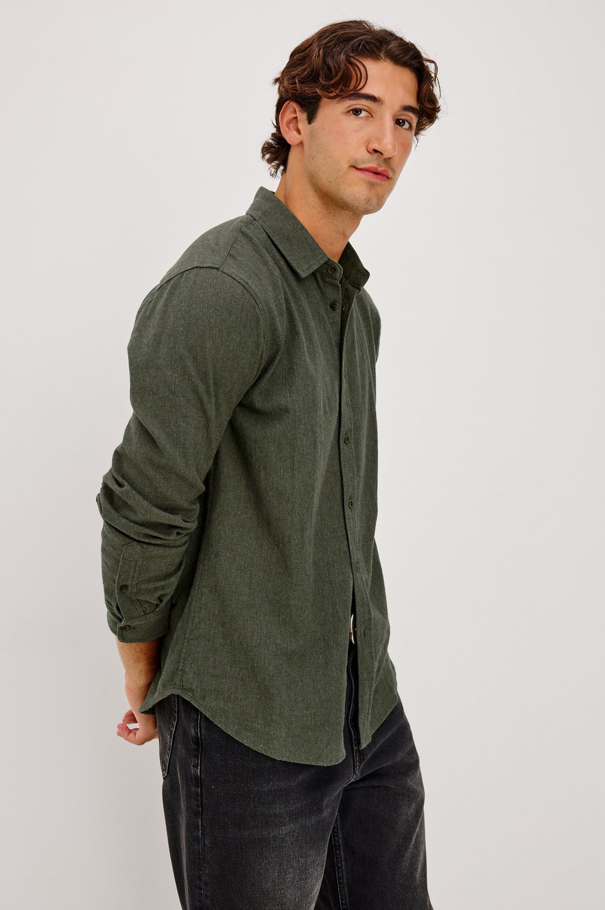 Cliff Shirt in Brushed Herringbone Knit With Classic Collar and Front Buttons in Moss Herringbone Colorway -
