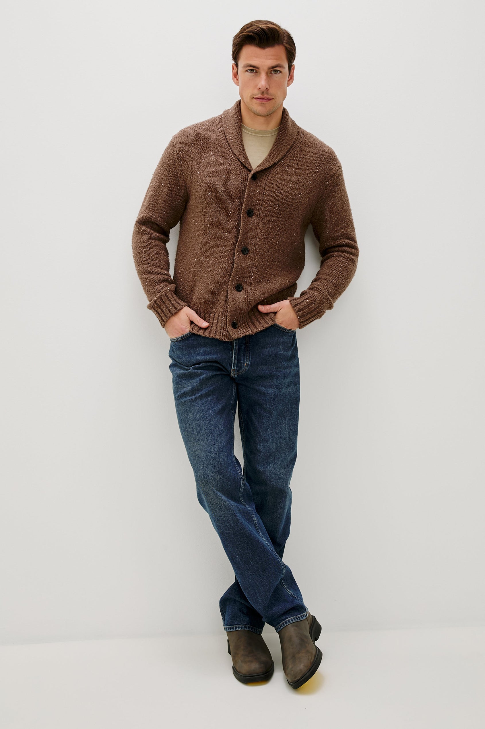 Corden Long-Sleeve Cardigan with Button Closure, a Shawl Collar and Ribbed Trim Chestnut Speckle - Front Full Body View Featured on Model