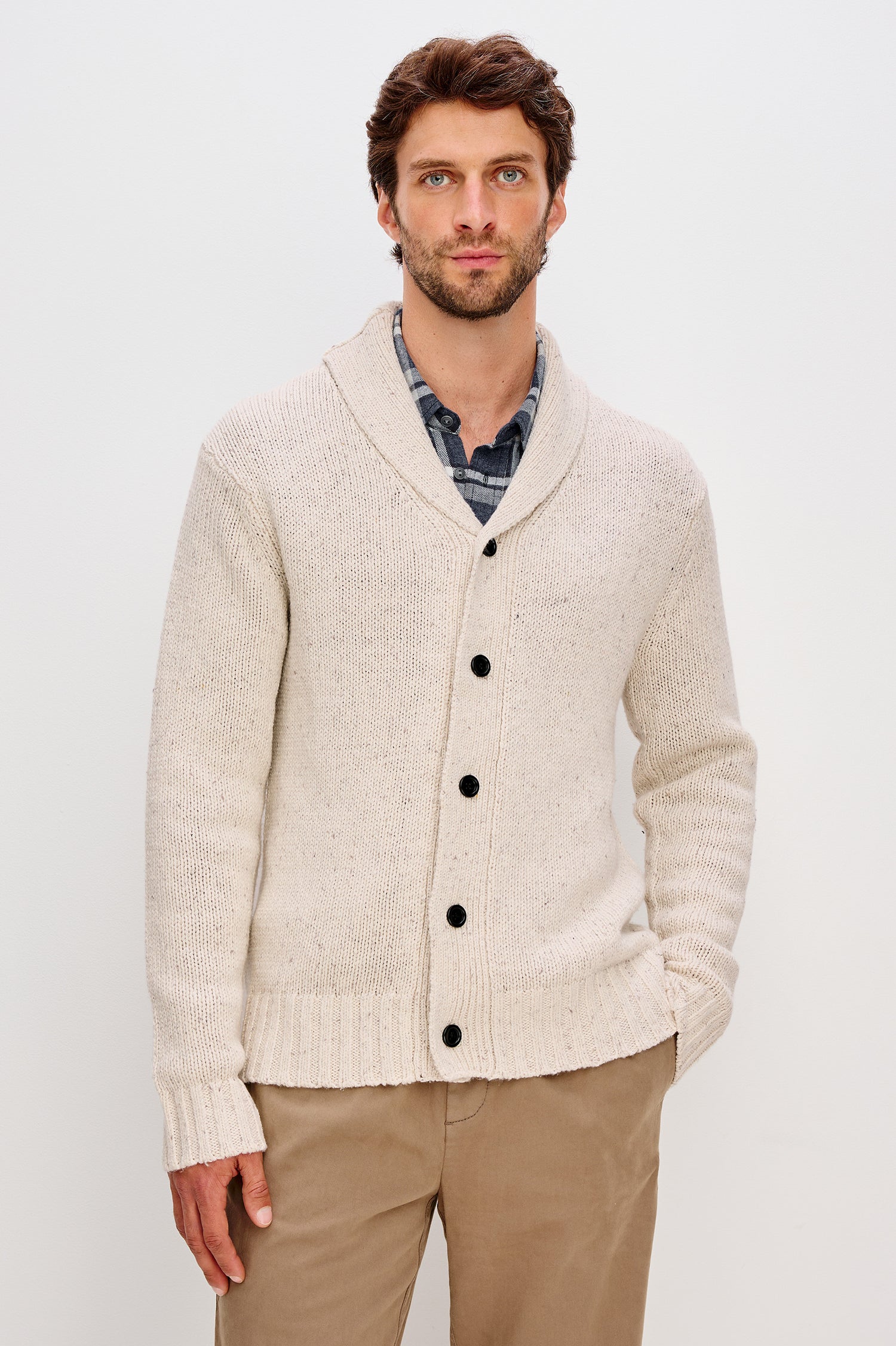 Corden Long-Sleeve Cardigan with Button Closure, a Shawl Collar and Ribbed Trim Halite Speckle - Front View Featured on Model