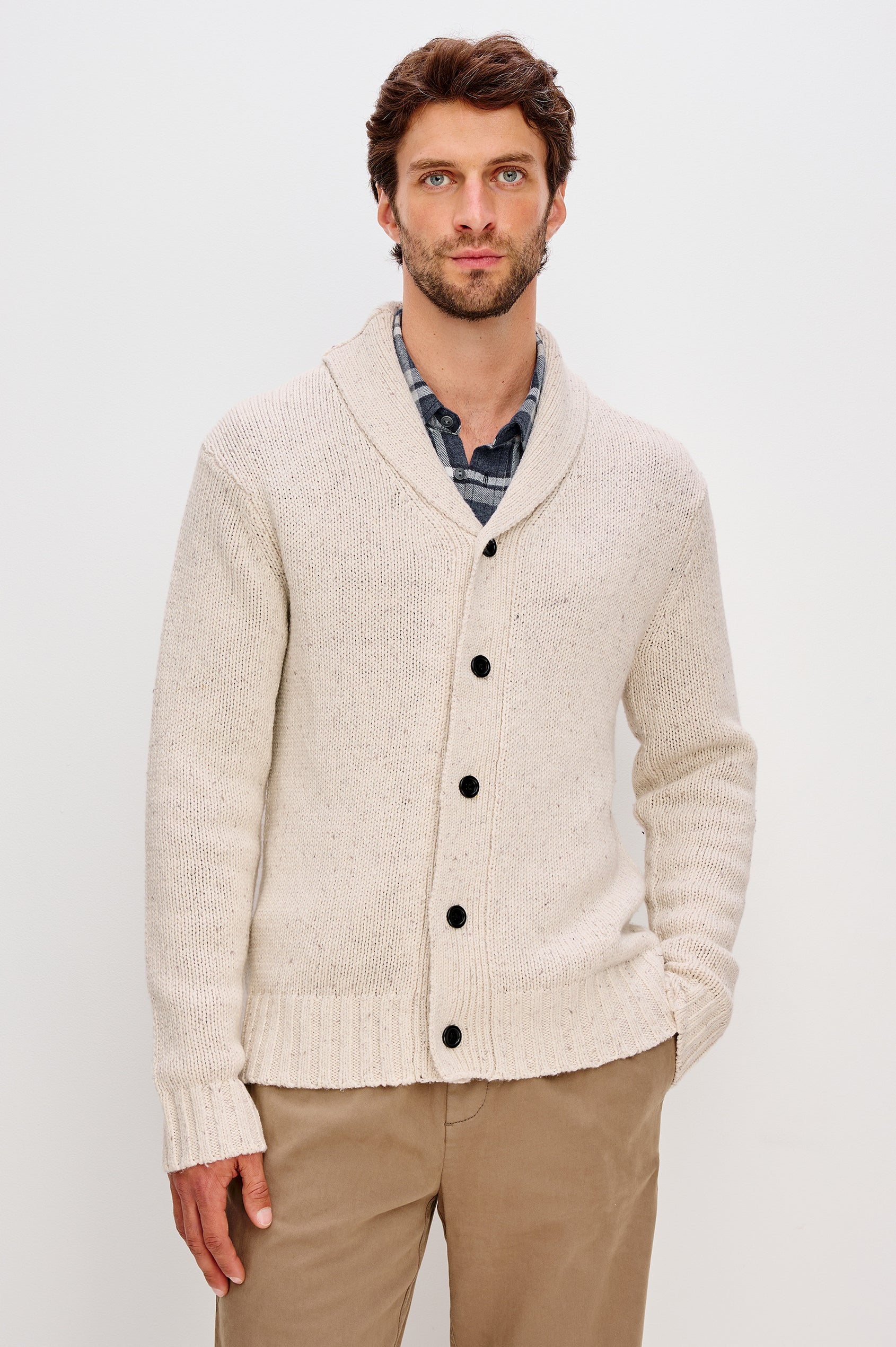 Corden Long-Sleeve Cardigan with Button Closure, a Shawl Collar and Ribbed Trim Halite Speckle - Front View Featured on Model
