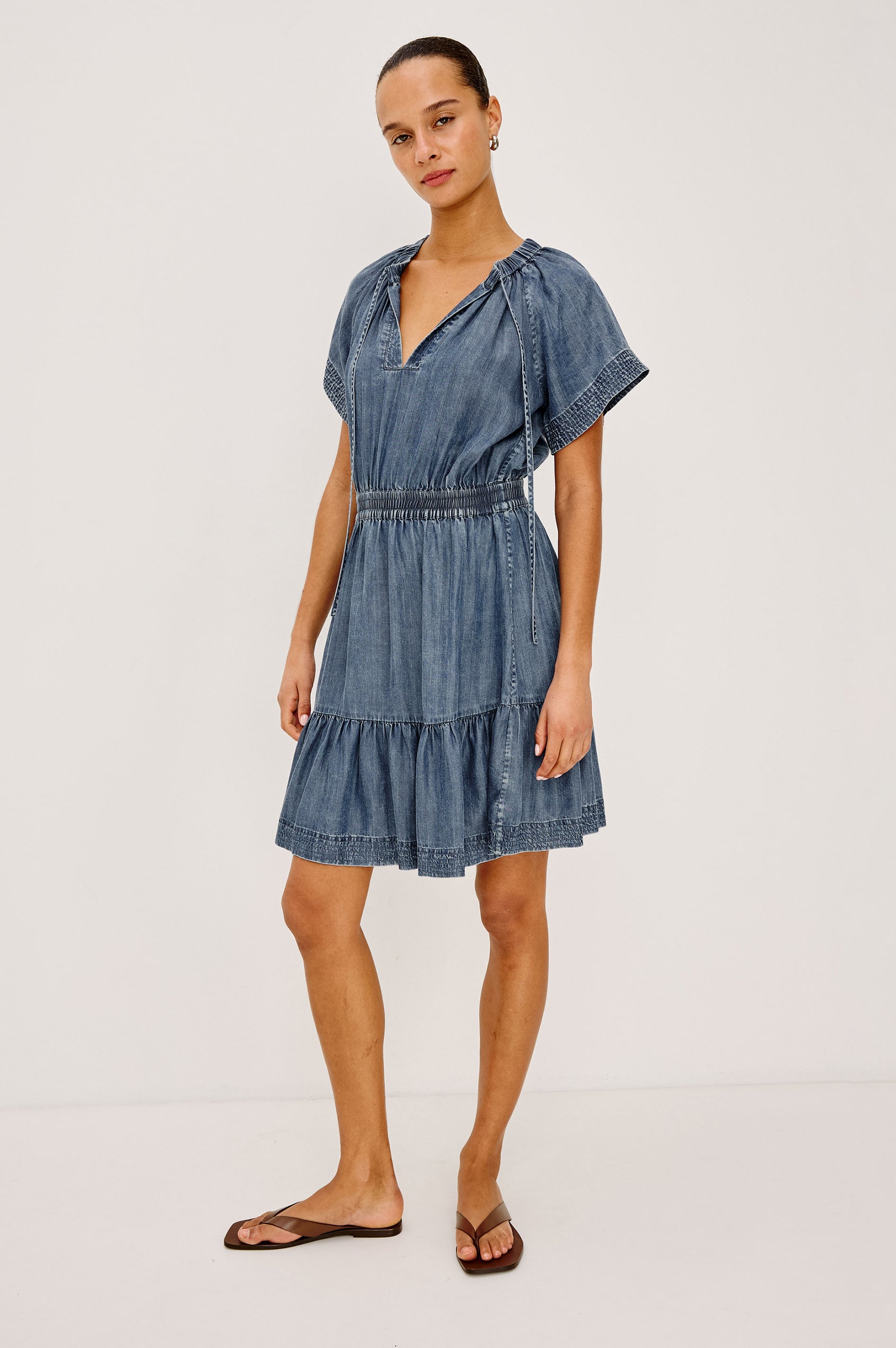 Corvera Mini Dress in TENCEL™ With Split V-Neckline, Short Raglan Flutter Sleeves, Elastic Waist, Tiered Skirt, and Loose, Relaxed Fit in Blue Ridge Colorway - Full Body Front View Featured on Model