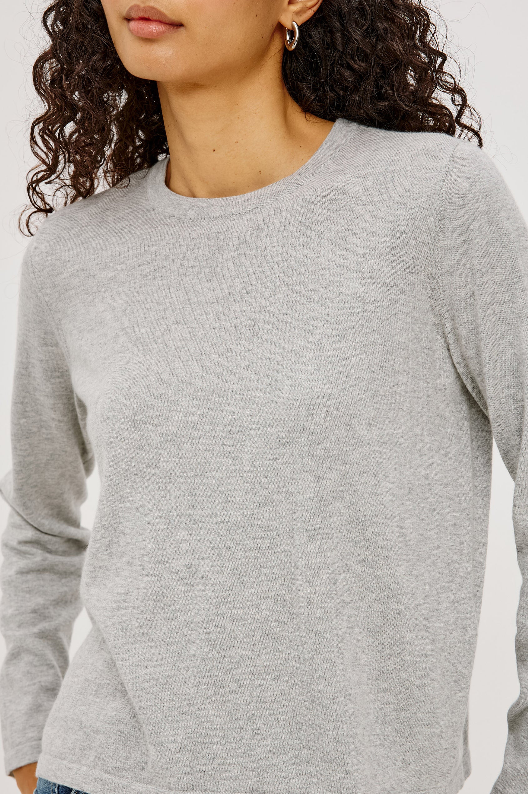 Cotton Cashmere Long Sleeve T-Shirt With Crewneck, Long Sleeve, Slightly Cropped Fit in Heather Grey Colorway - Upper Body Close Up View Featured on Model