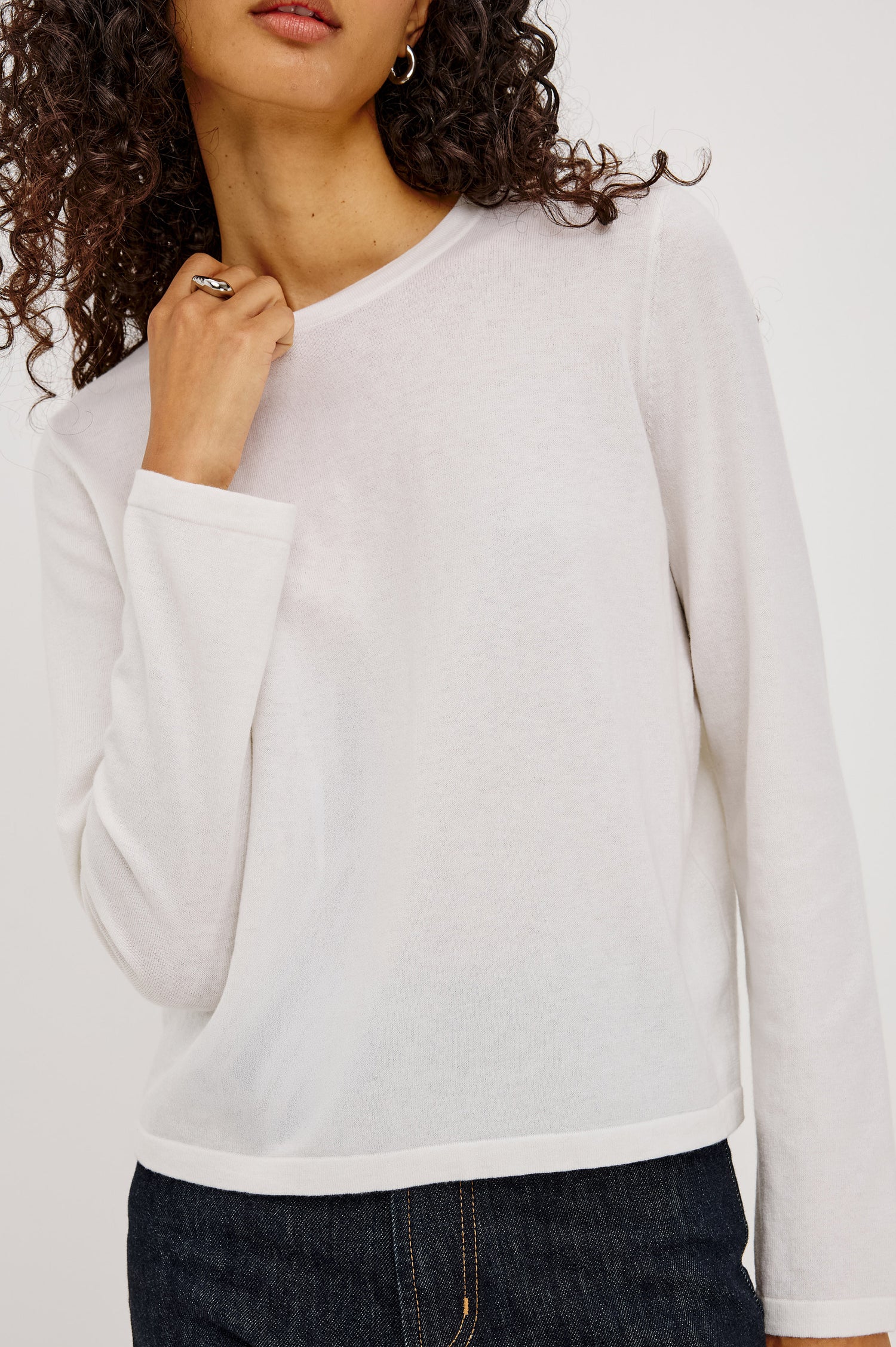Cotton Cashmere Long Sleeve T-Shirt With Crewneck, Long Sleeve, Slightly Cropped Fit in White Colorway - Upper Body Front View Featured on Model