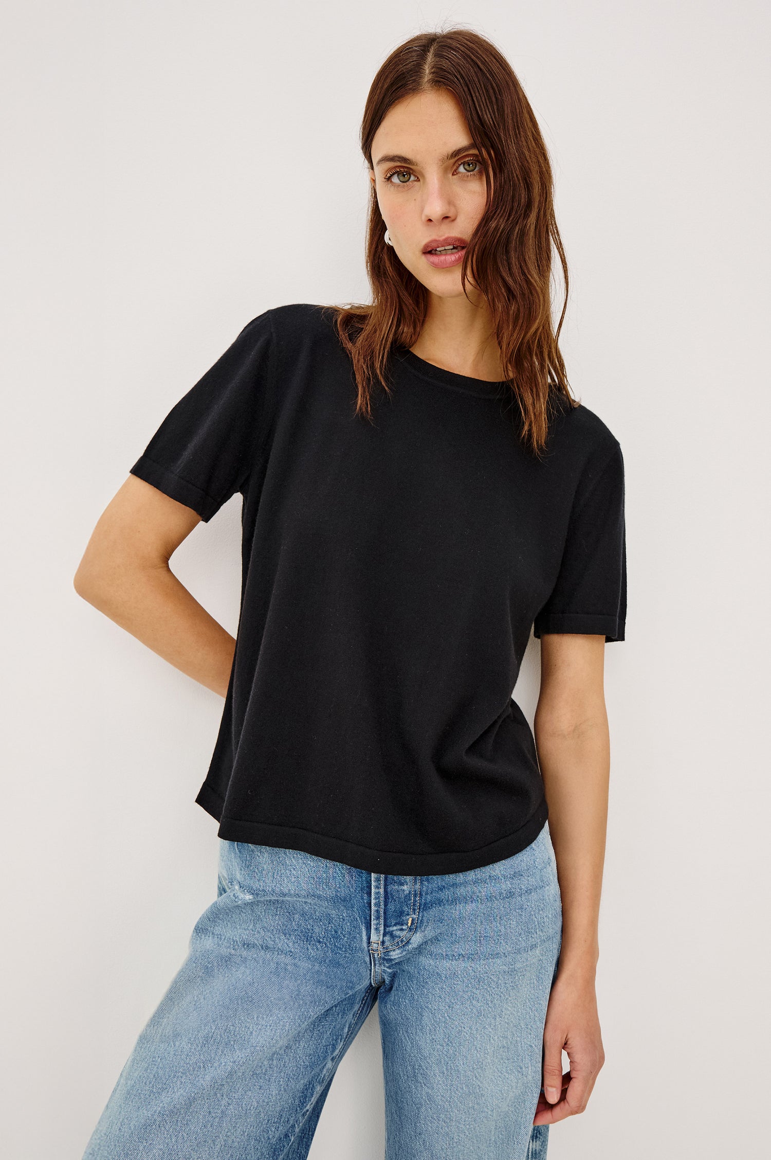 Cotton Cashmere Short Sleeve crew neck T-Shirt in Black - front view on model
