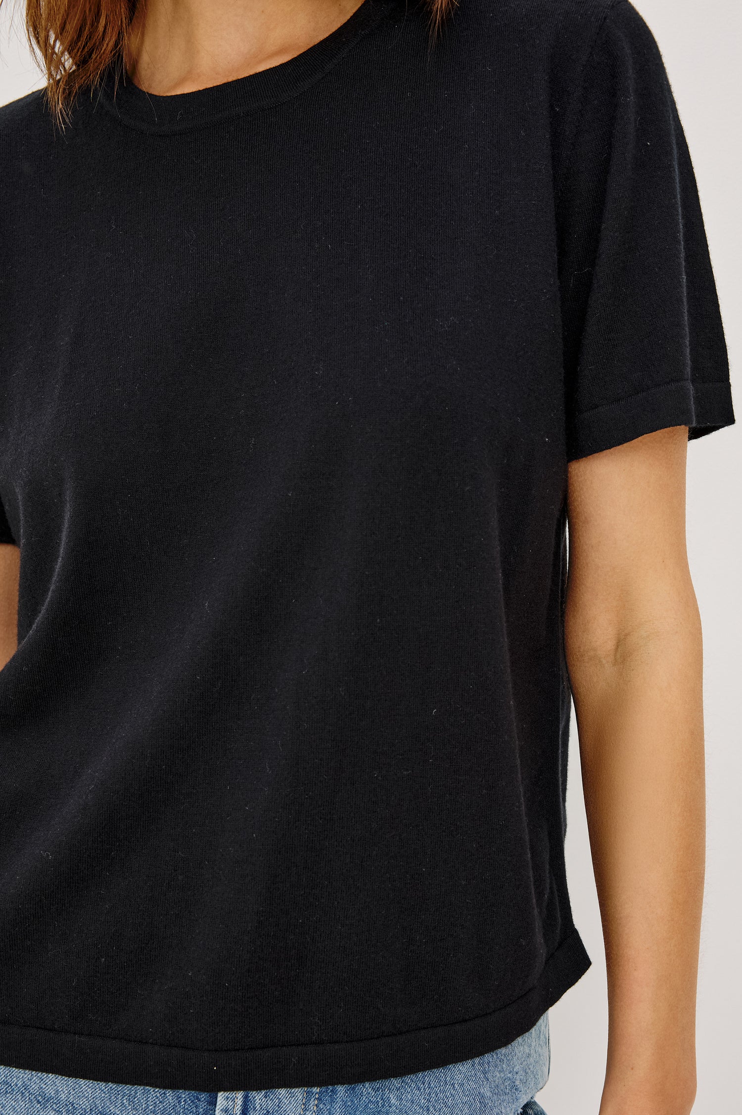 Cotton Cashmere Short Sleeve crew neck T-Shirt in Black - front view on model