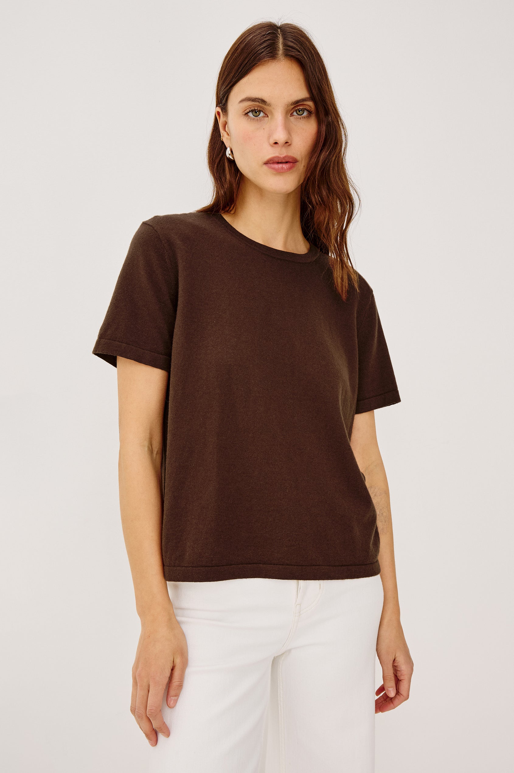 Women's short-sleeve T-shirt in Espresso brown, crafted from a premium cotton-cashmere blend - front view featured on model.
