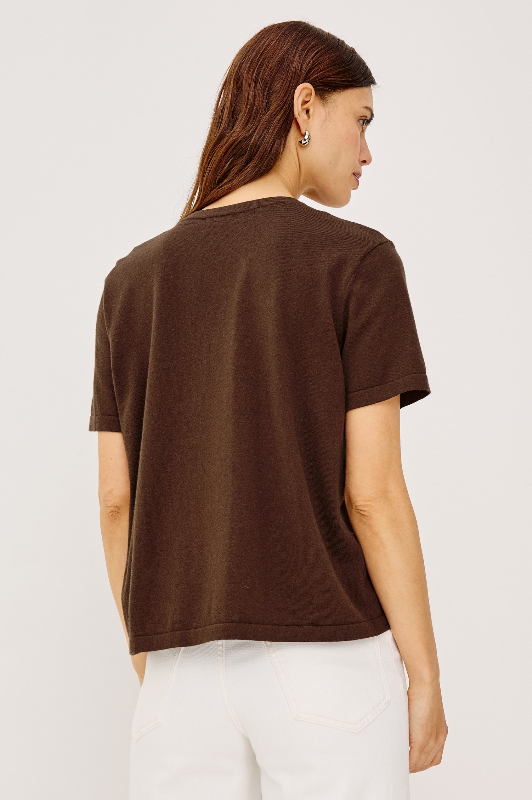 Women's short-sleeve T-shirt in Espresso brown, crafted from a premium cotton-cashmere blend - front view featured on model.