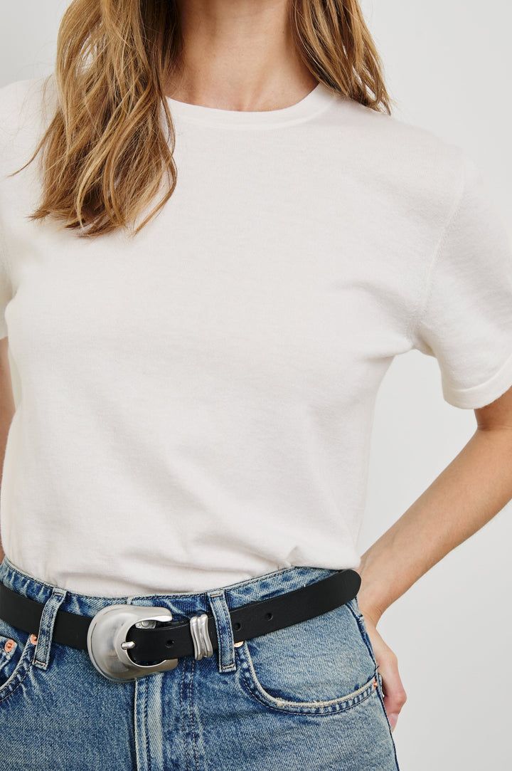 Cotton Cashmere T-shirt with Crew Neckline in White Colorway - Front Tucked View Featured On Model