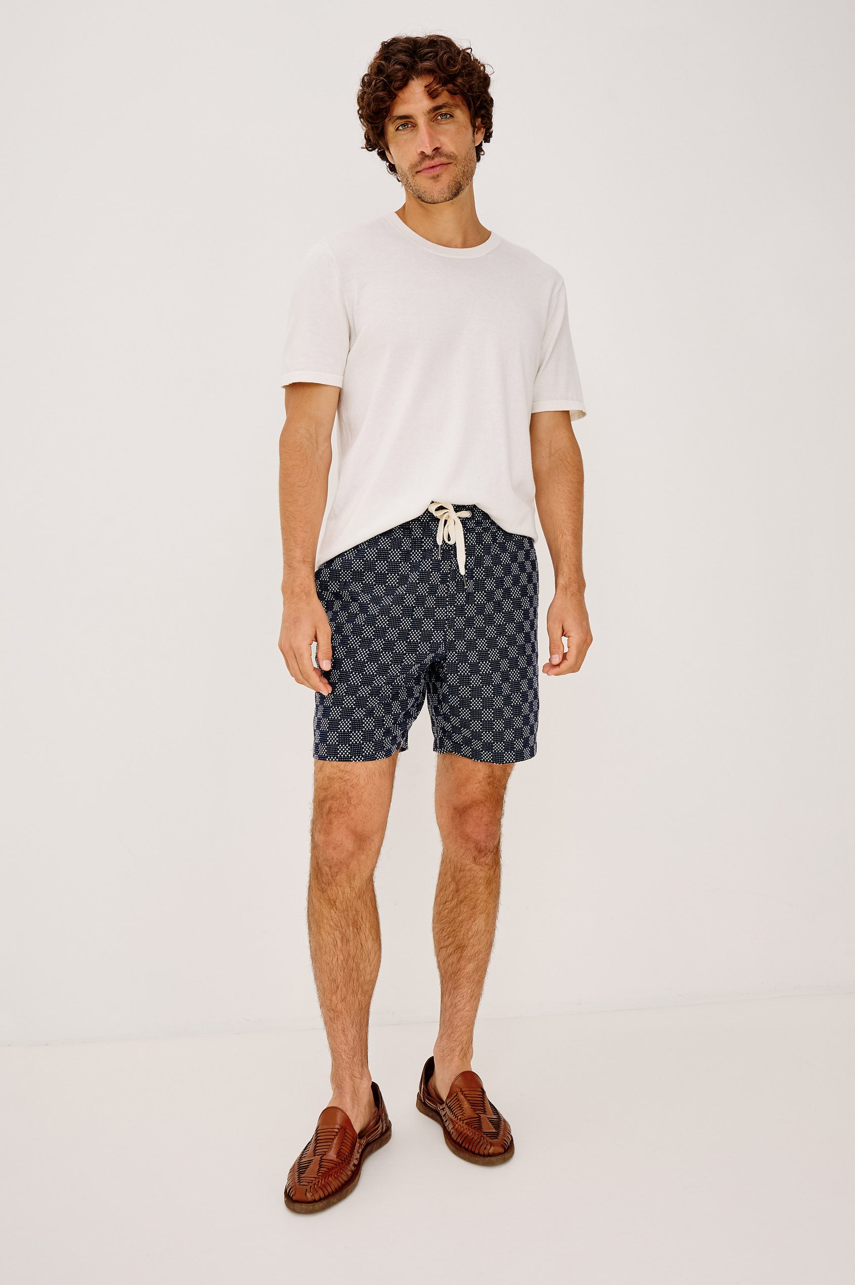 Kin Shirt in Textured Dobby Cotton With Camp Collar, Front Buttons, and Relaxed, Boxy Fit in Navy Sashiko Colorway - Full Body Front View Featured on Model