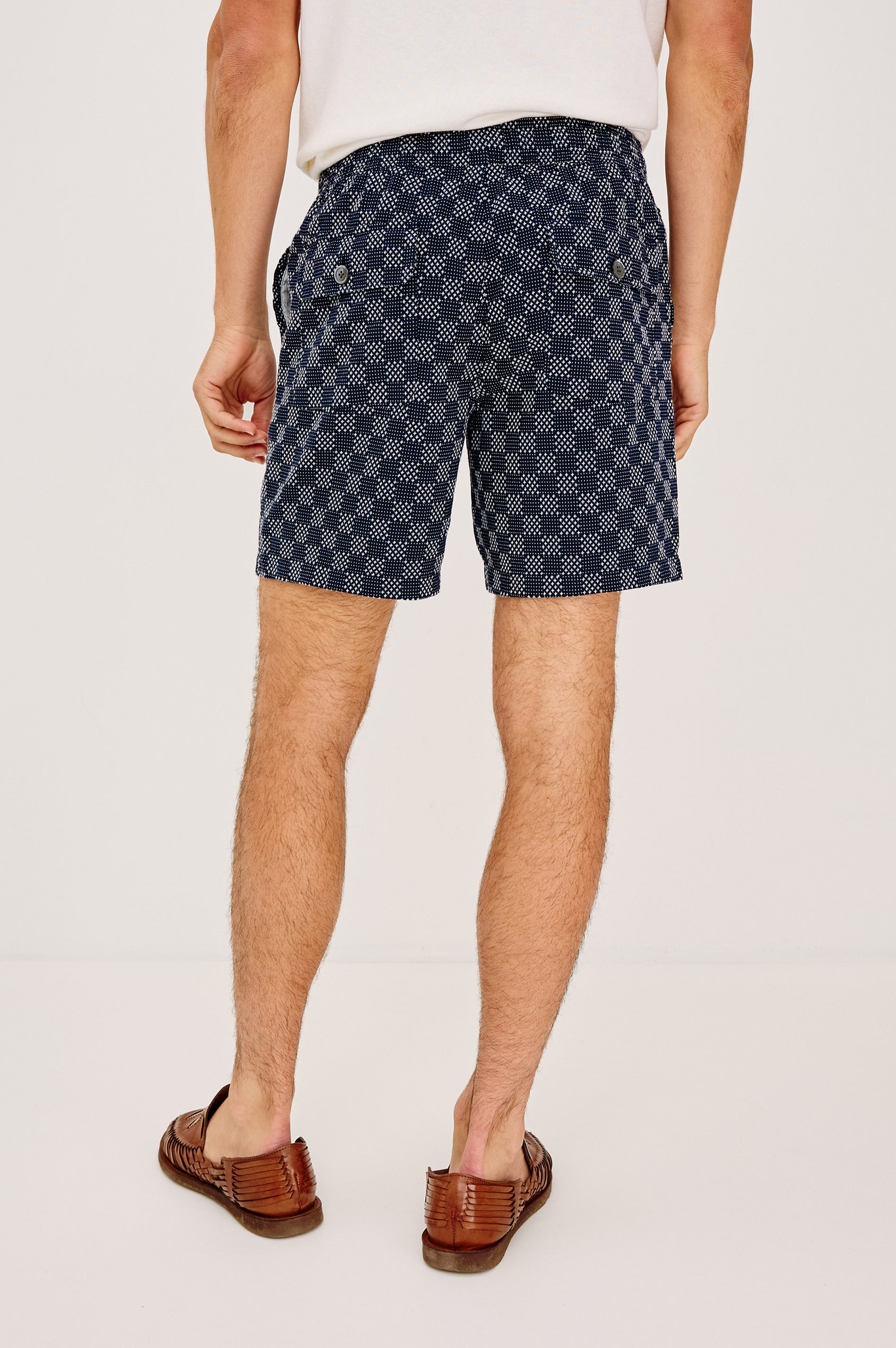 Cruz Short in Stretch Cotton With Drawstring Waist Ties, Relaxed Fit, and Side Pockets in Washed Black Colorway - Lower Body Back View Featured on Model