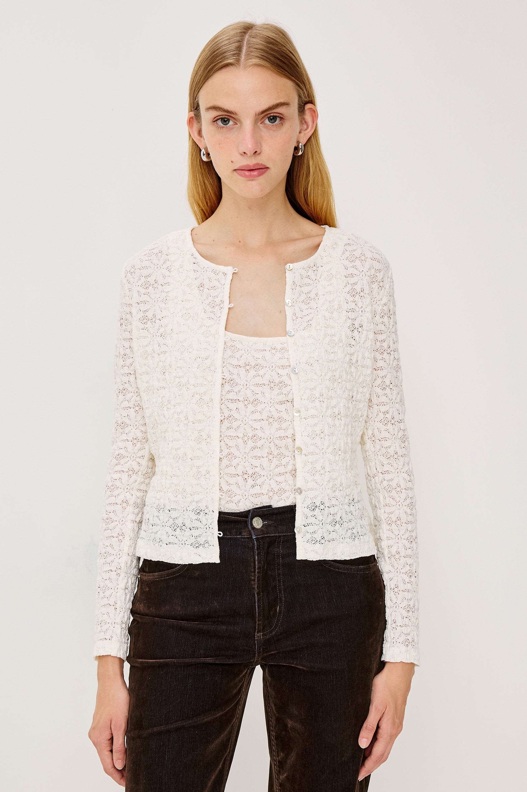 Cyrah Cardigan in Sheer Stretch Lace With Fitted Long Sleeves, and Front Button-and-Loop Closures in Ivory Colorway - Upper Body Front View Featured on Model