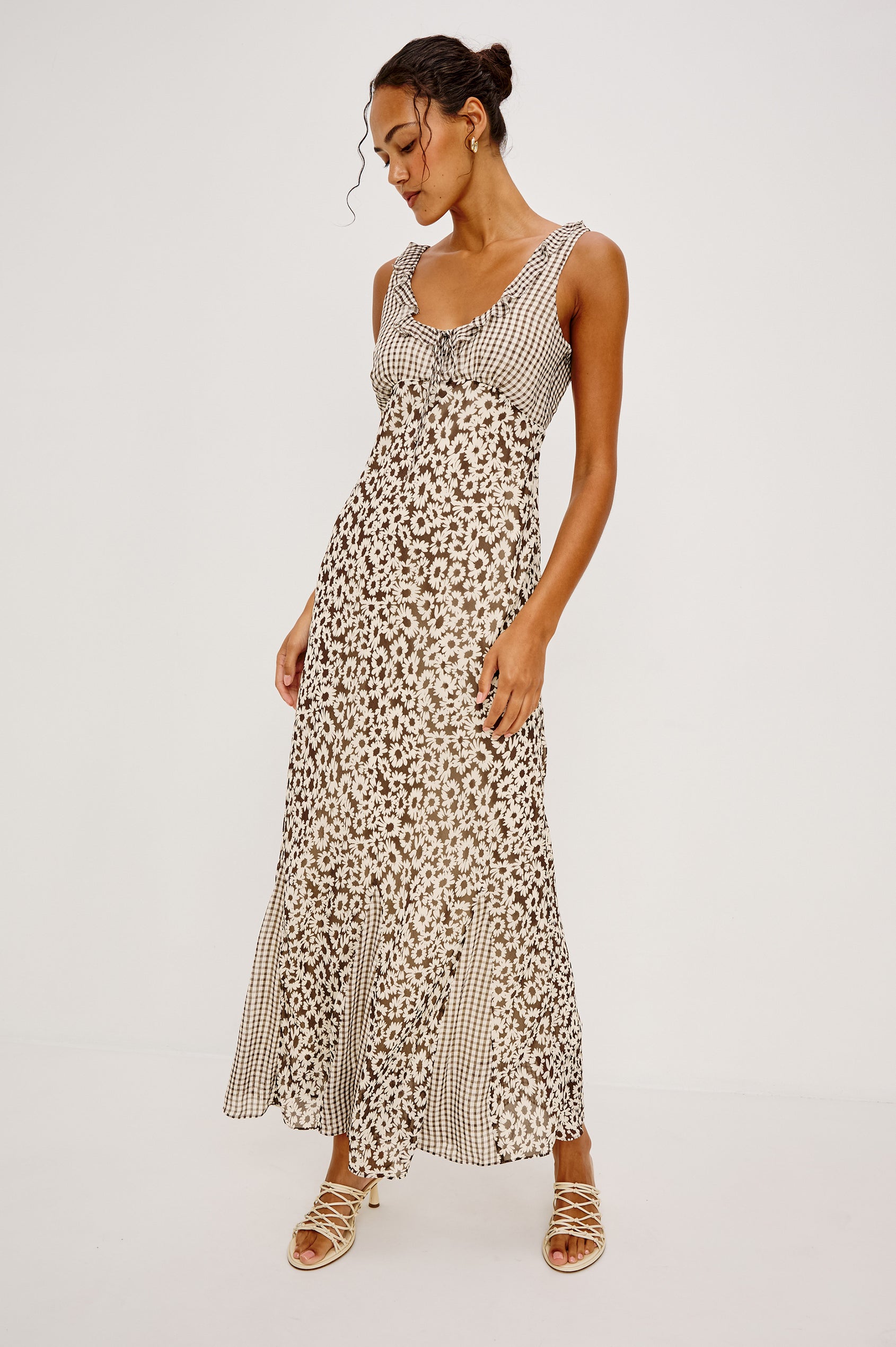 Dahlia Maxi Dress in Chiffon With Ruffle Trim Scoop Neckline With Center-Front Ties Empire Waistline Hidden Side Zip and Godet Insets in Espresso Daisy Gingham Mix Colorway - Full Body Front View Featured on Model